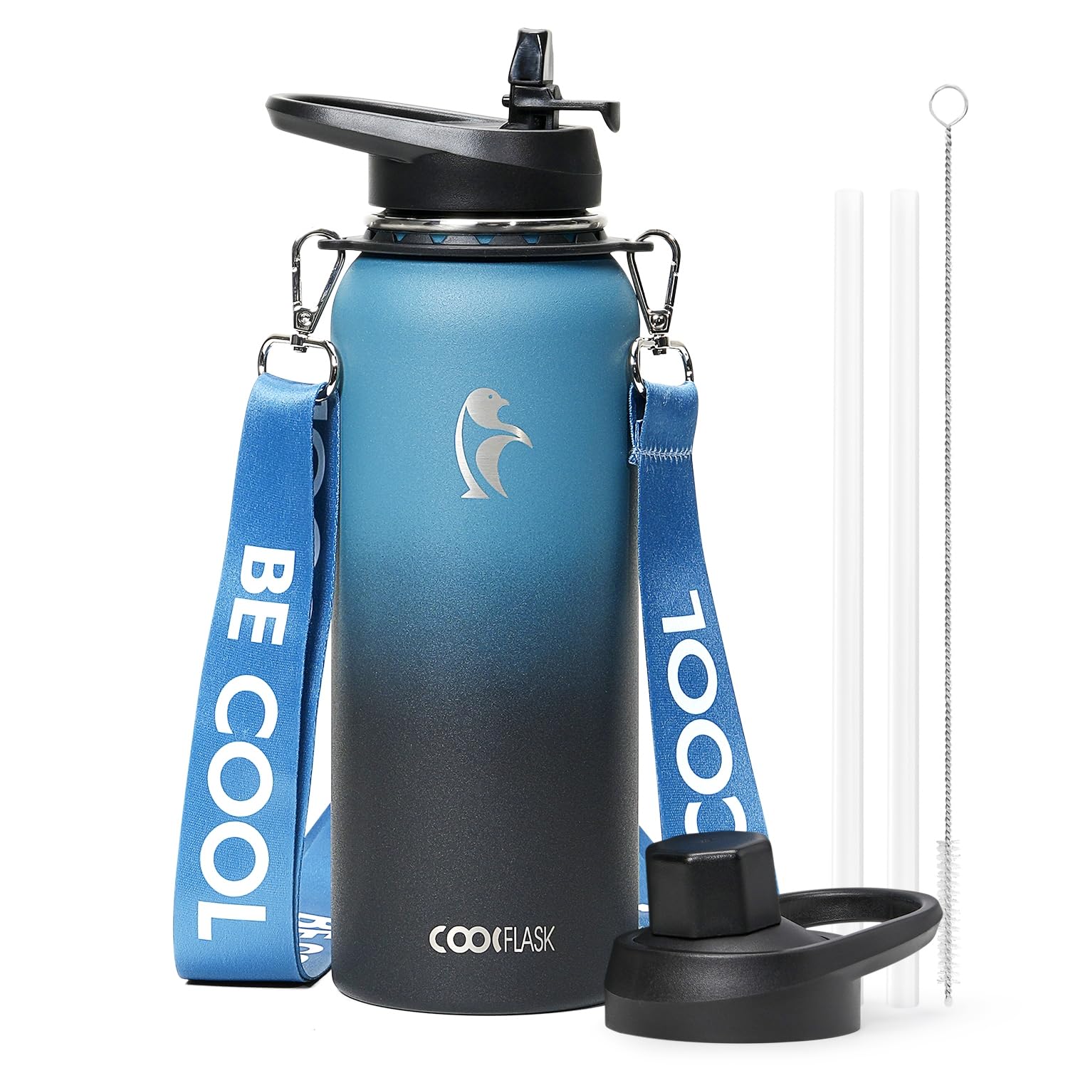 Coolflask Bouteille d'eau isotherme de 1183 ml avec sangle, carafe à eau en acier inoxydable avec paille et bouchon verseur, grande bouteille d'eau en métal, anti-fuite et sans BPA, noir indigo