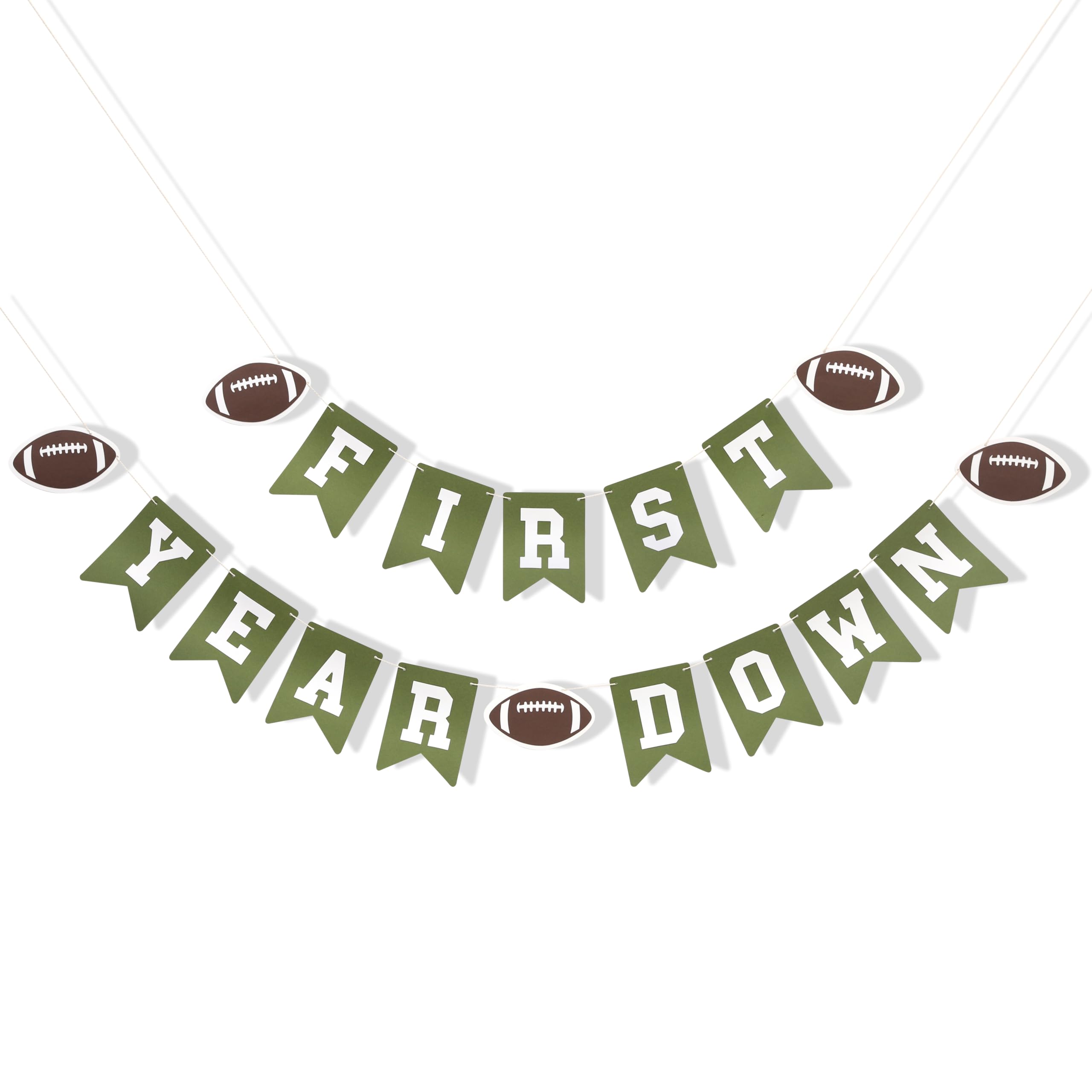 WAWUO First Year Down Football Birthday Banner, Green, 80" x 6.3" Rectangular Linen Banner with Hanging Ropes, Perfect for Child's Birthday Party