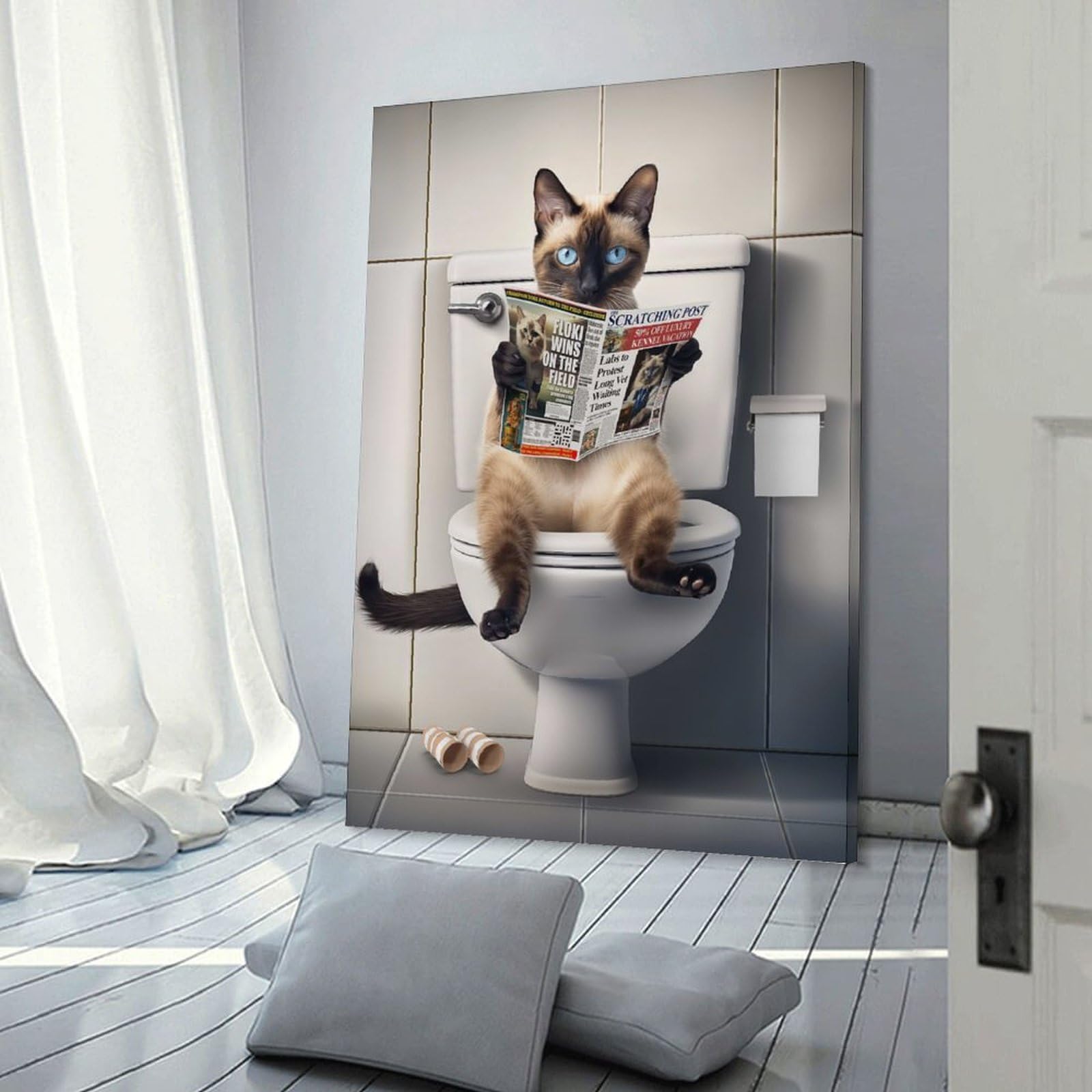 Junmoney Frame-Style-3 Canvas Wall Art Siamese Cat On The Toilet, 12X18inch(30X45cm), For Lounge Decor, Bedroom Walls Or Flats, Eye Catching Artwork For Blank Walls