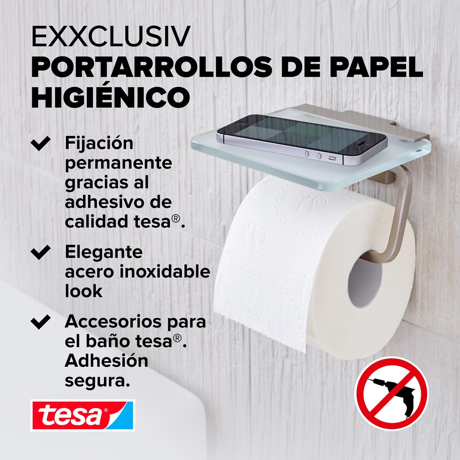 tesa EXXCLUSIV - portarrollos para Papel Higiénico con Tapa - Montaje sin Taladrar - Alta Fuerza de Fijación con Tecnología Power.Kit - 47 x 141 x 131 mm - Acero Inoxidable