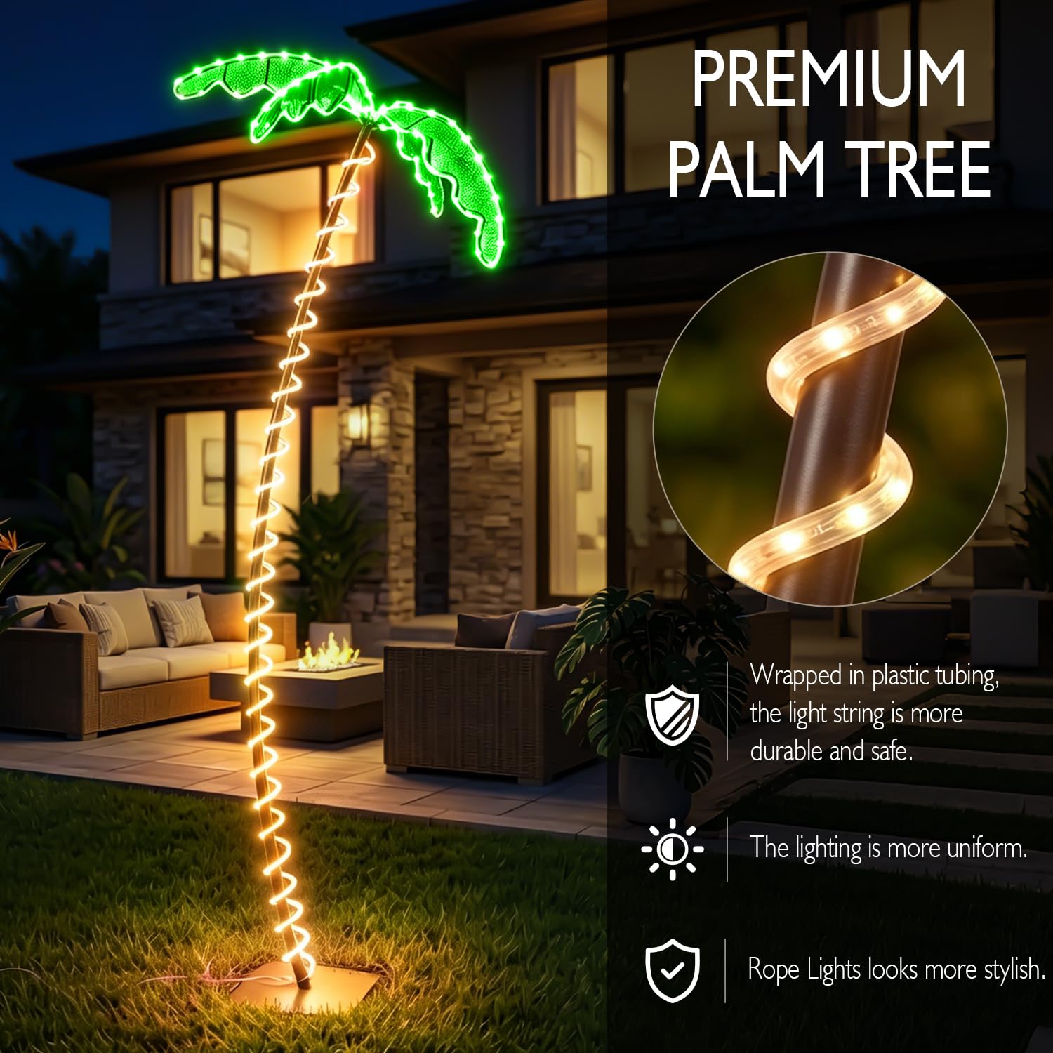 Palma artificiale illuminata per patio esterno, app e telecomando, con tronco in metallo e corda LED, per patio, piscina, cortile, decorazione per feste, timer, sincronizzazione musica