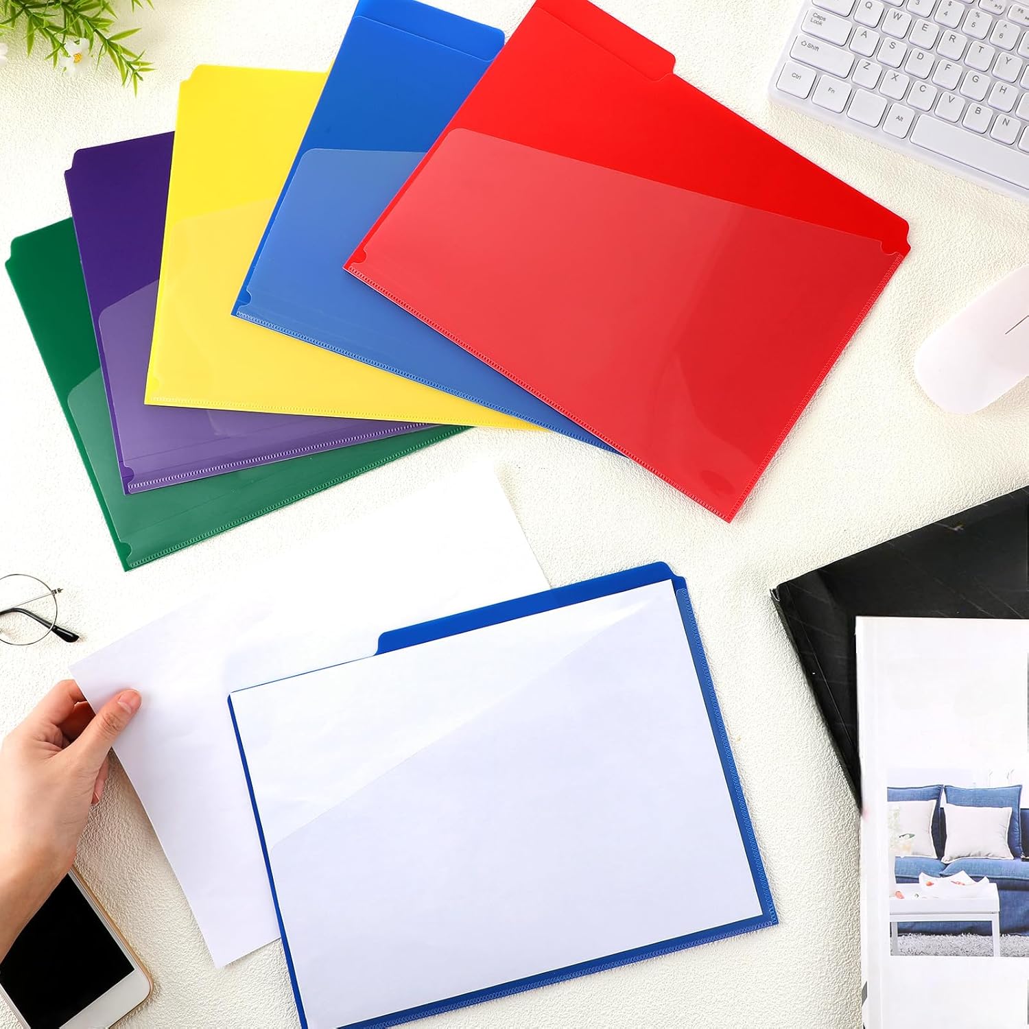 50 Pcs Plastic File Folders with Slash Clear Front Pocket Colored Folders Poly Folders with 1/3 Cut Tab Letter Size Stronger Than Manila for Office Home 5 Colors