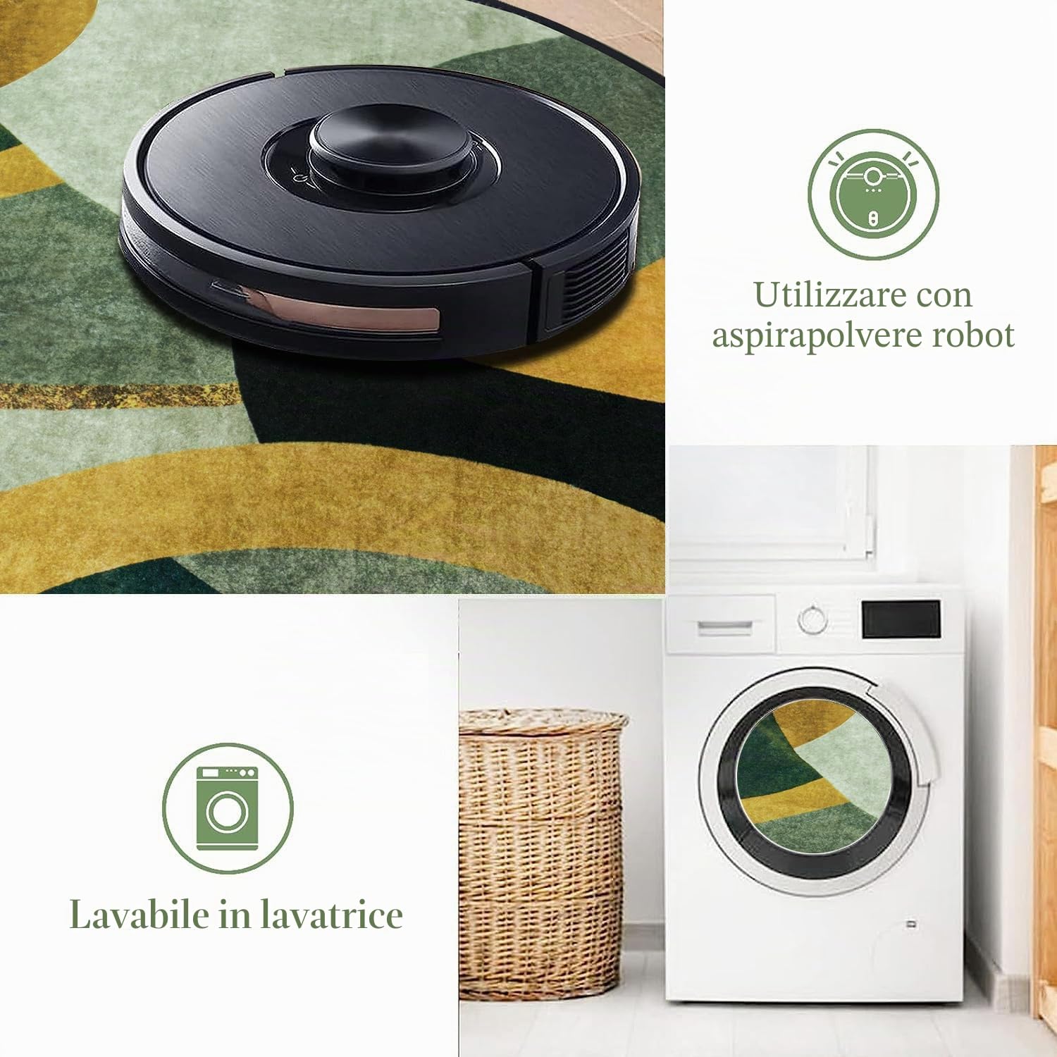 Tappeto rotondo per soggiorno, verde smeraldo, grigio muschio, motivo semicircolare, lavabile, antiscivolo, per soggiorno, camera da letto, caminetto, 160 cm