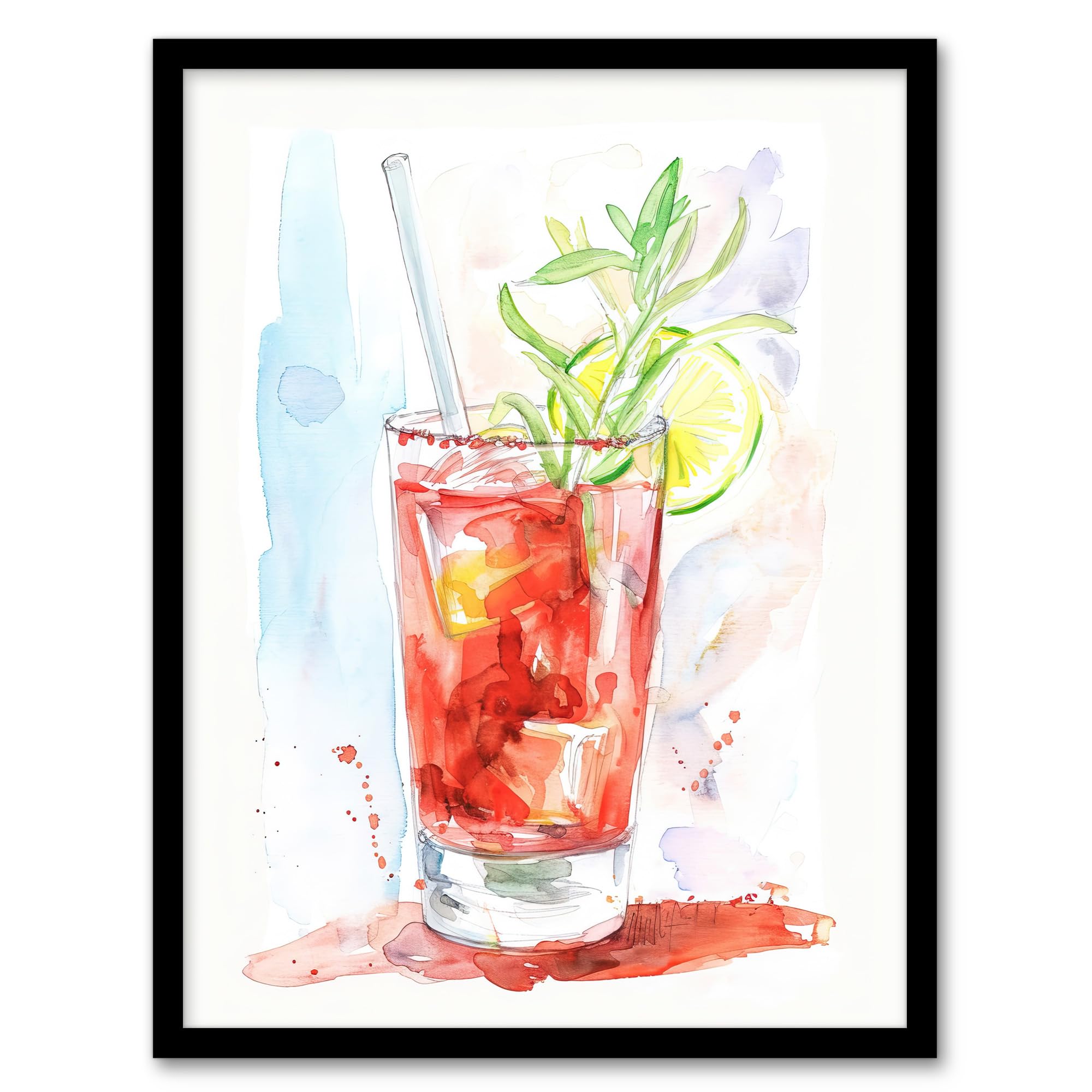 Artery8 Bloody Mary Cocktail Drink Watercolour Simple Kitchen Artwork Framed Wall Art Print A4