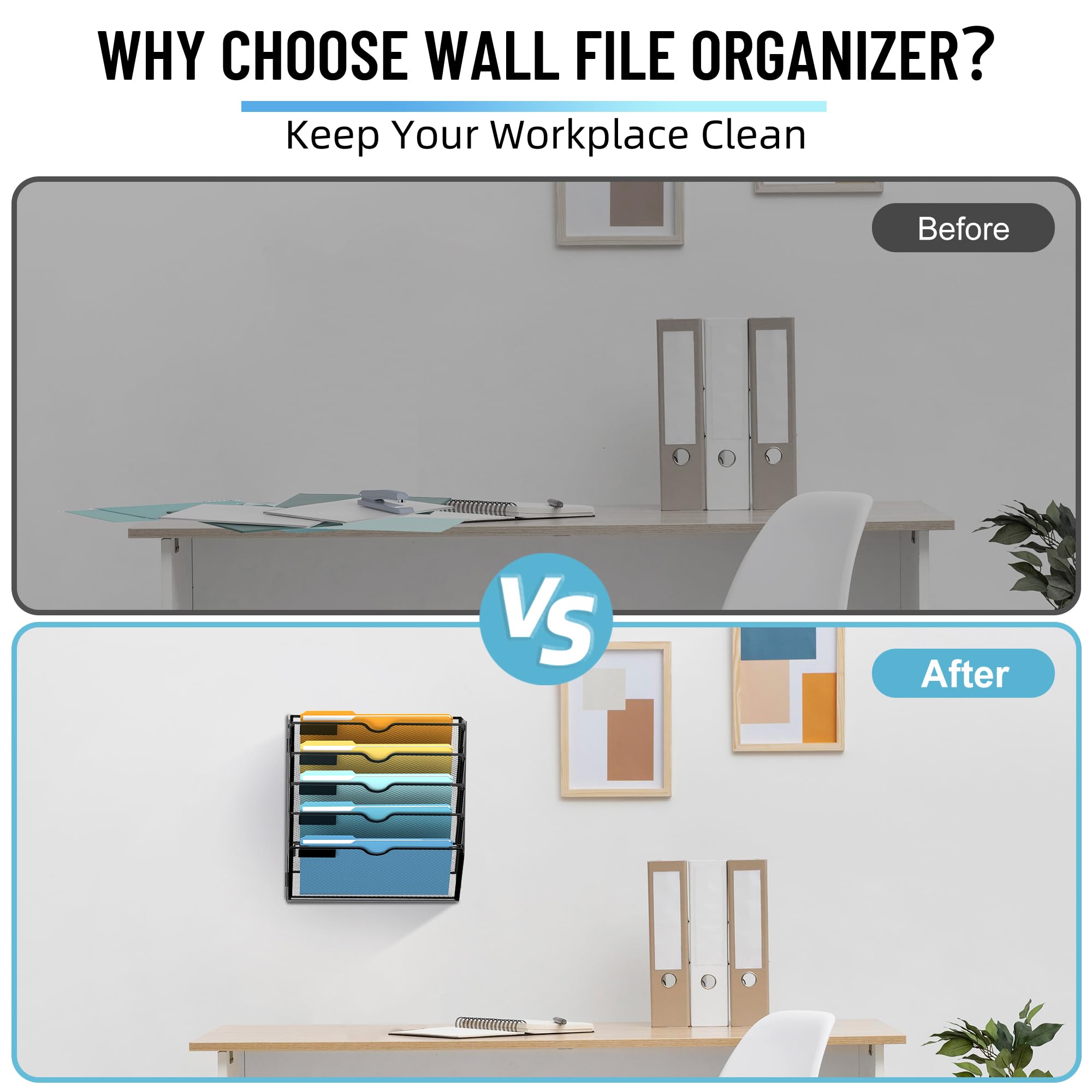 SUPEASY Organizer da parete a 5 ripiani con ganci, organizer per documenti da appendere, organizer per posta da parete, per documenti, cartelle, riviste da ufficio, nero, confezione da 2