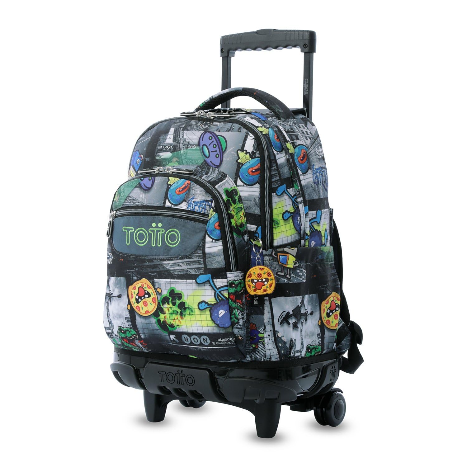 TOTTO - Mochila Escolar con Ruedas, Modelo Renglones, Capacidad 26,21 Litros, Bolsillo para PC 14", Bolsillo Botella, Correas en S para Mayor Comodidad, Resistente, Estampado Rolly Negro