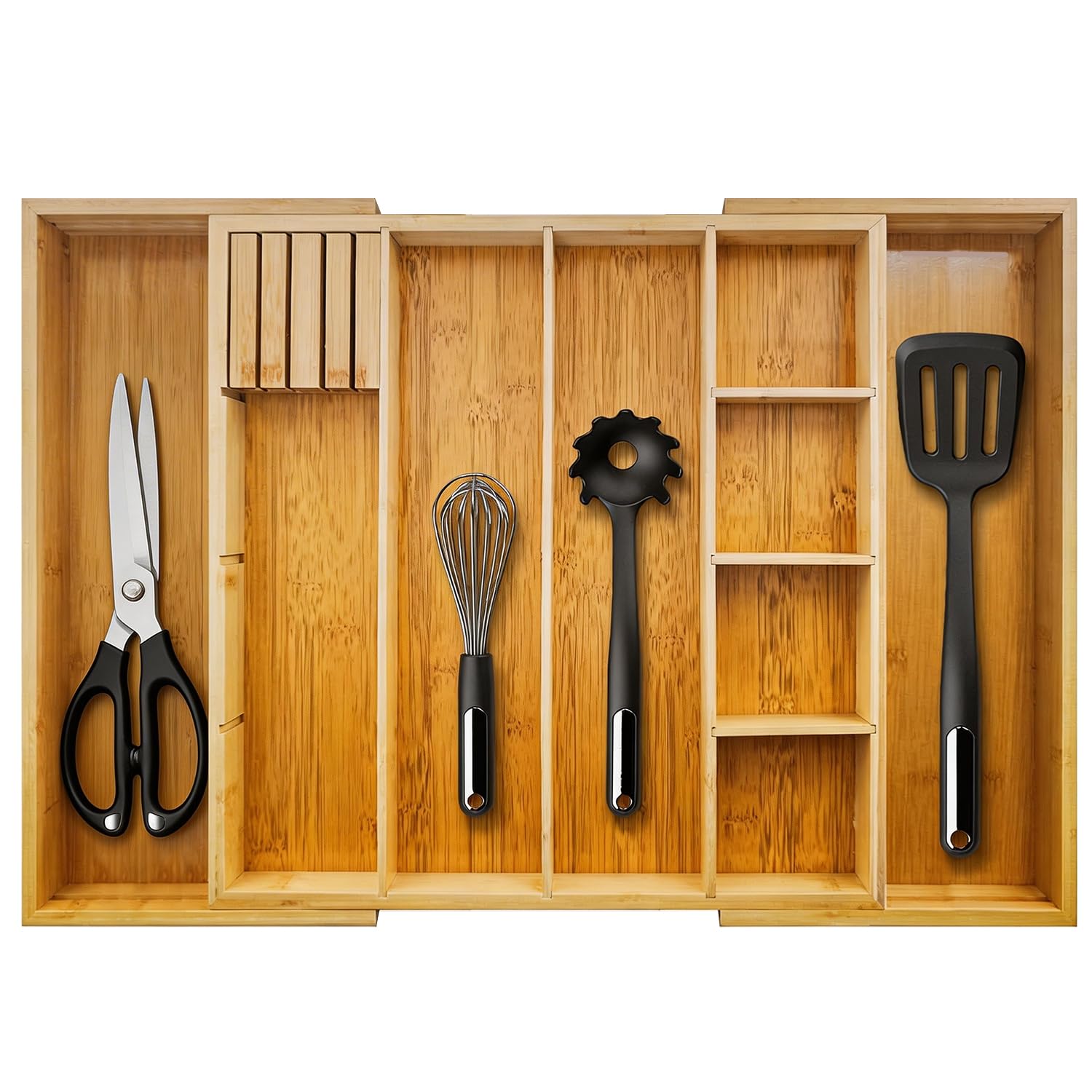 Organizer espandibile per cassetti in bambù con divisori rimovibili, vassoio regolabile da 38,1 a 55,9 cm per utensili da cucina, trucco e ufficio