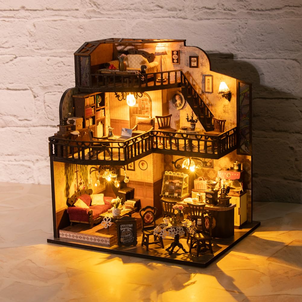 Kit di costruzione per una casa delle bambole fai da te, caffetteria a tre piani fatta a mano con mobili per la casa delle bambole, illuminazione e accessori, regalo creativo per Natale o compleanno