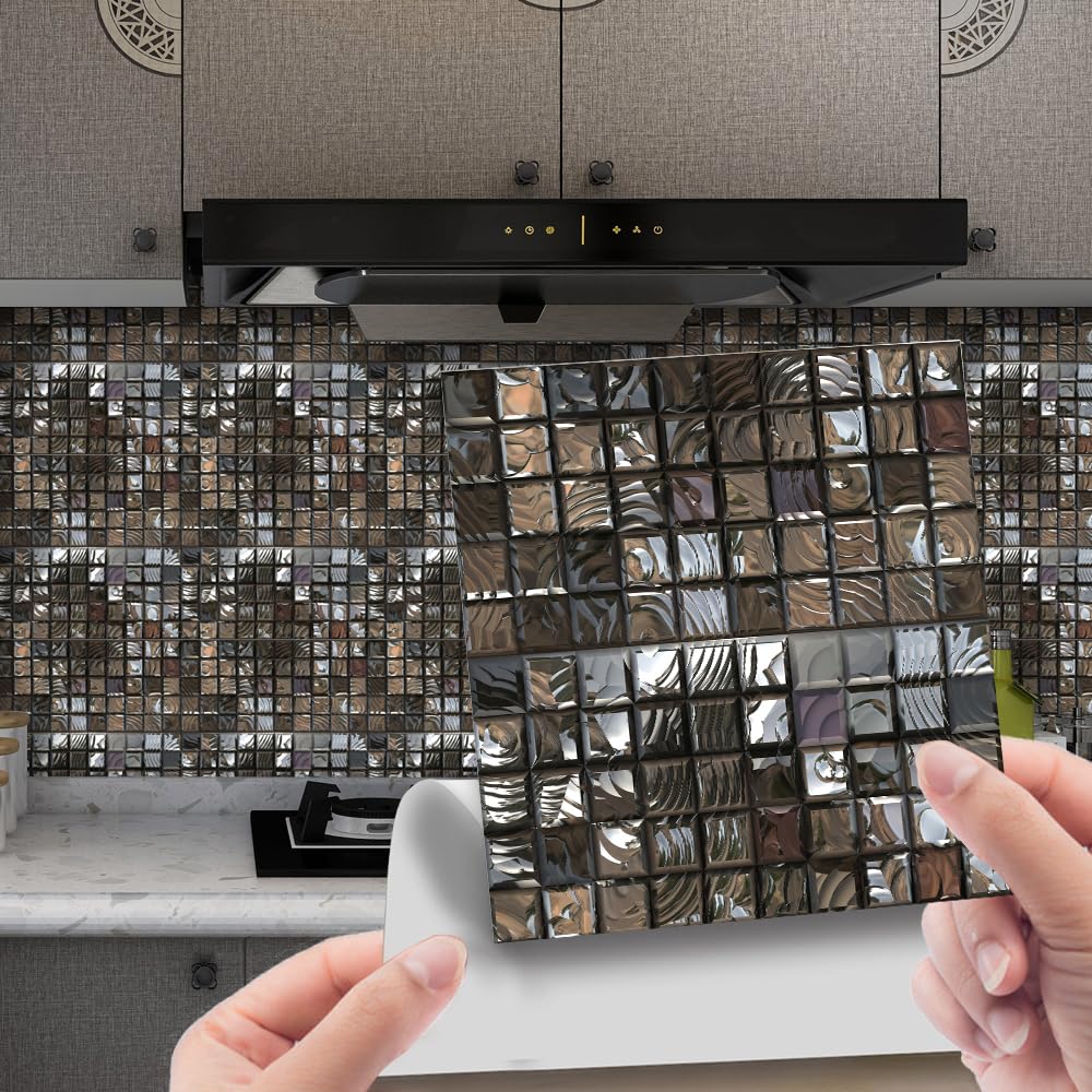 Lovewang Silver, Black Tile Stickers 15X15cm Silver Black Mosaic Self Adhesive Tiles Waterproof Stick On Tiles Home Decor Tile Stickers For Kitchen Bathroom Self Adhesive Wall Tiles (20 Pcs)