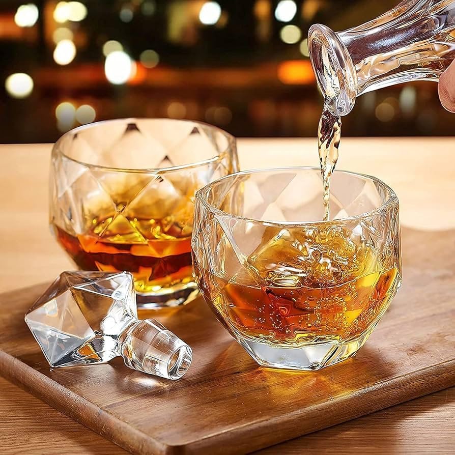 Image of IndElite Geometric Crystal Whiskey Glass | 10 oz Lead-Free Crystal Scotch Glass with Heavy Base, Diamond Cut Design | Premium Whiskey, Bourbon & Cocktail Glass for Men & Gifting, 340 ml (Set of 2)