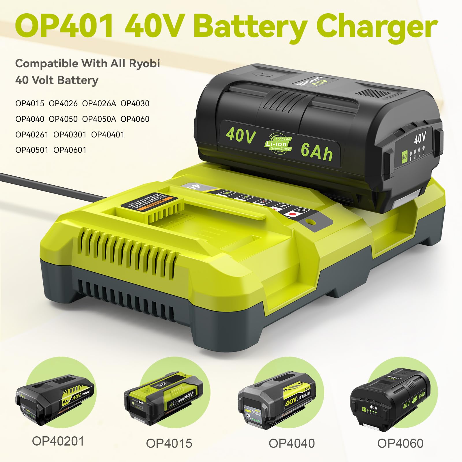 LabTEC Caricabatterie per RB OP401 Dual Port, batteria al litio da 40 V, compatibile con OP4015 OP4026 OP4040 OP4050, 40 Volt RB Battery Charger (EU Plug)