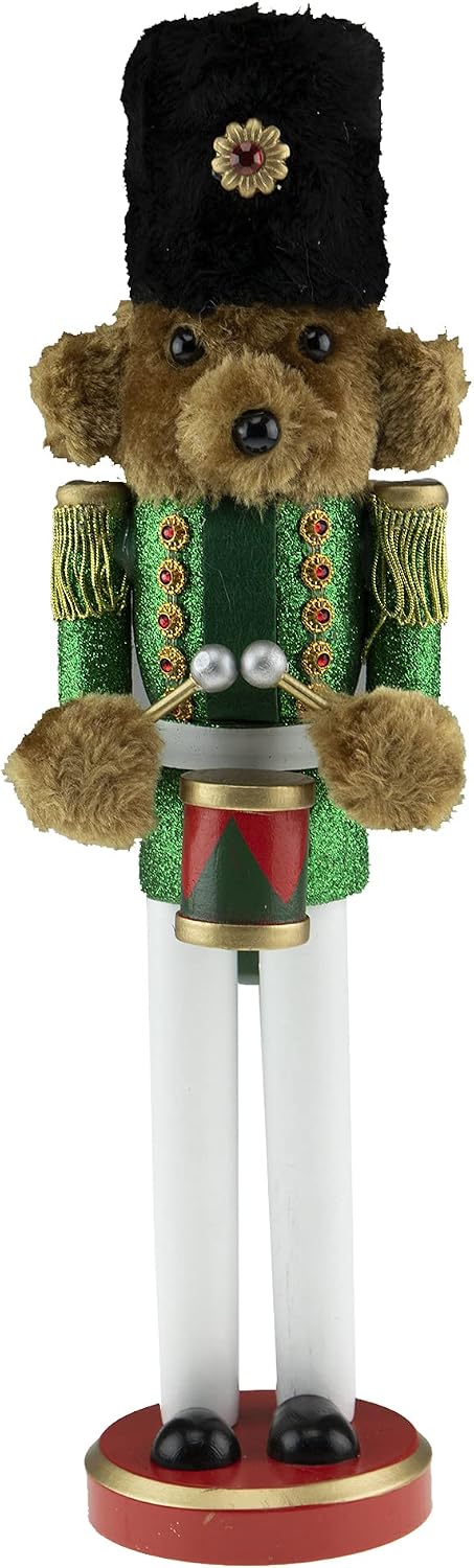 Clever Creations Green Teddy Bear 15 Inch Traditional Wooden Nutcracker, Festive Christmas Décor for Shelves and Tables