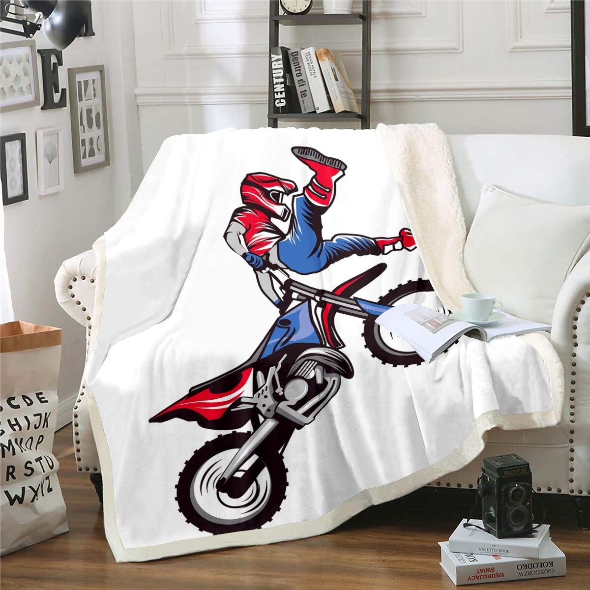 Loussiesd Coperta in flanella per bambini, motivo motocross, per bambini, ragazzi, ragazze, motociclisti, per letto, divano, sedia, soggiorno, moto, 101 x 127 cm