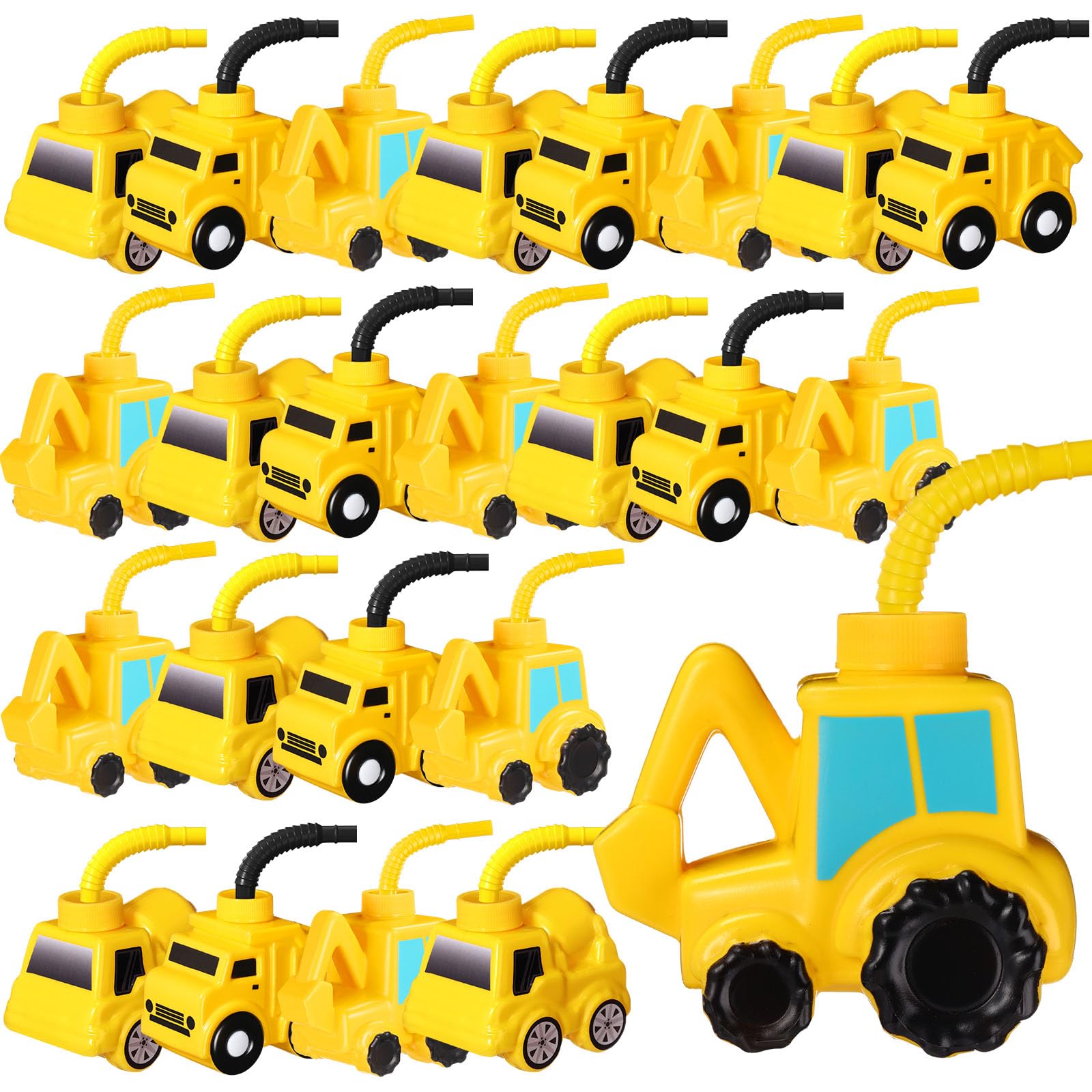 Mifoci 24 Pcs Construction Truck Party Favor - Excavator, Cement Mixer Truck, Cups, Straws & Lids - 10 oz Plastic Construction Themed Kids Birthday Party Decorations