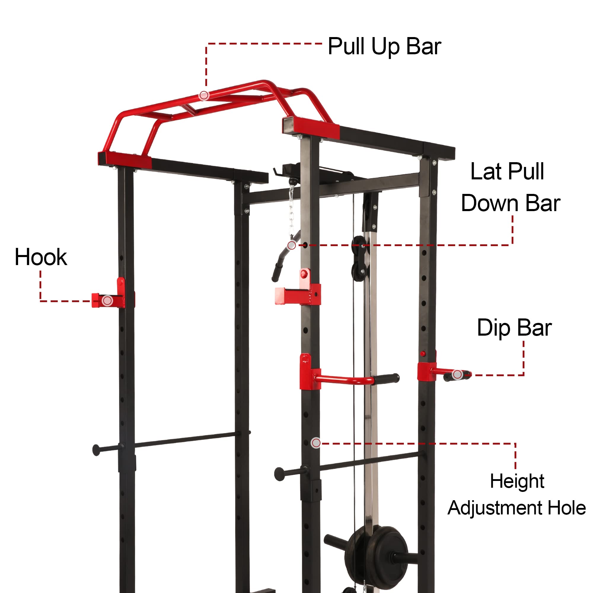 Vilobos Squat Rack Power Cage with LAT Pull Down System, Adjustable Height Home Gym Equipment with Cable Bar and Pull Up Bar, Includes Hooks, Dip Bars and Safety Bars
