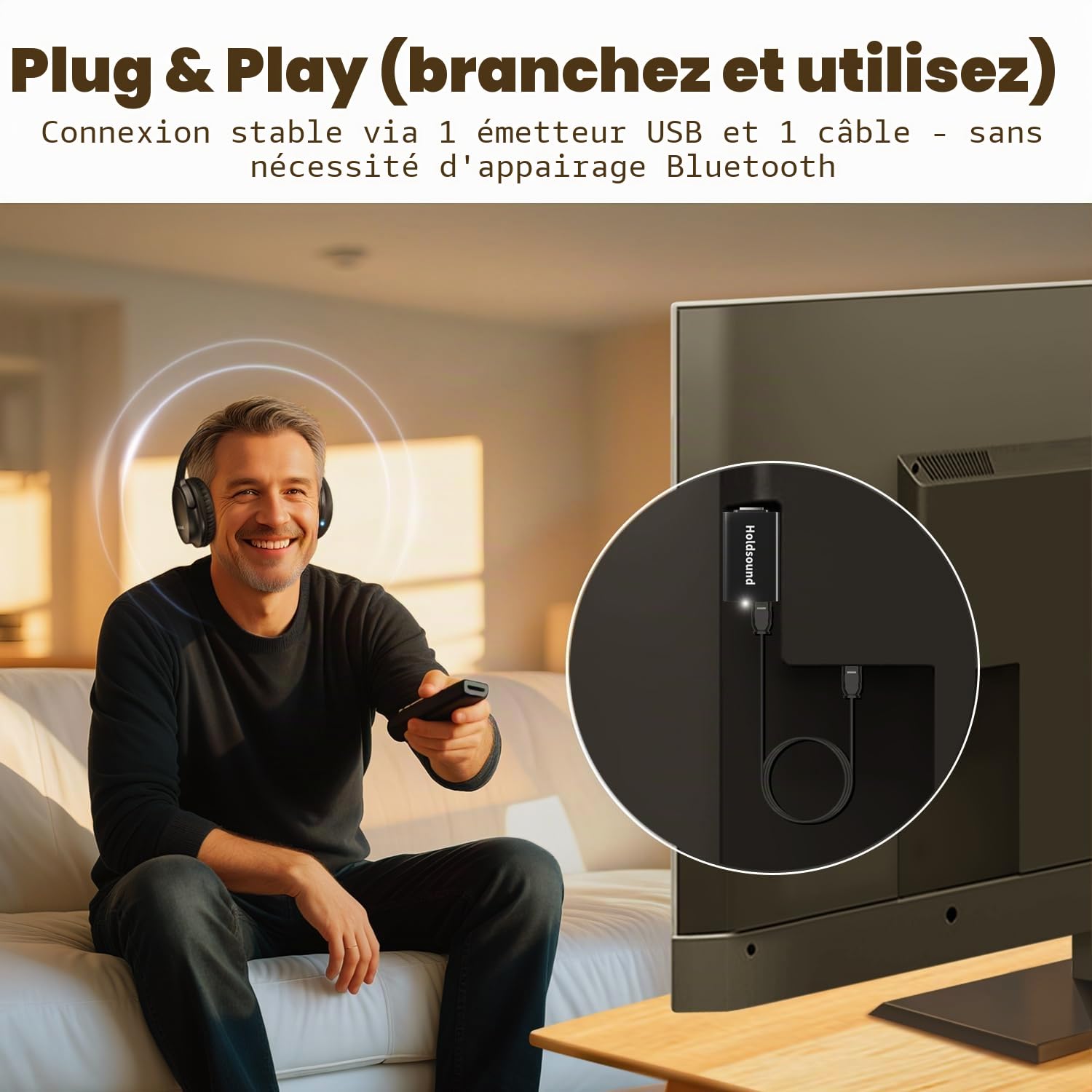 Holdsound Casque TV sans Fil pour Personnes Âgées, Noir Brillant
