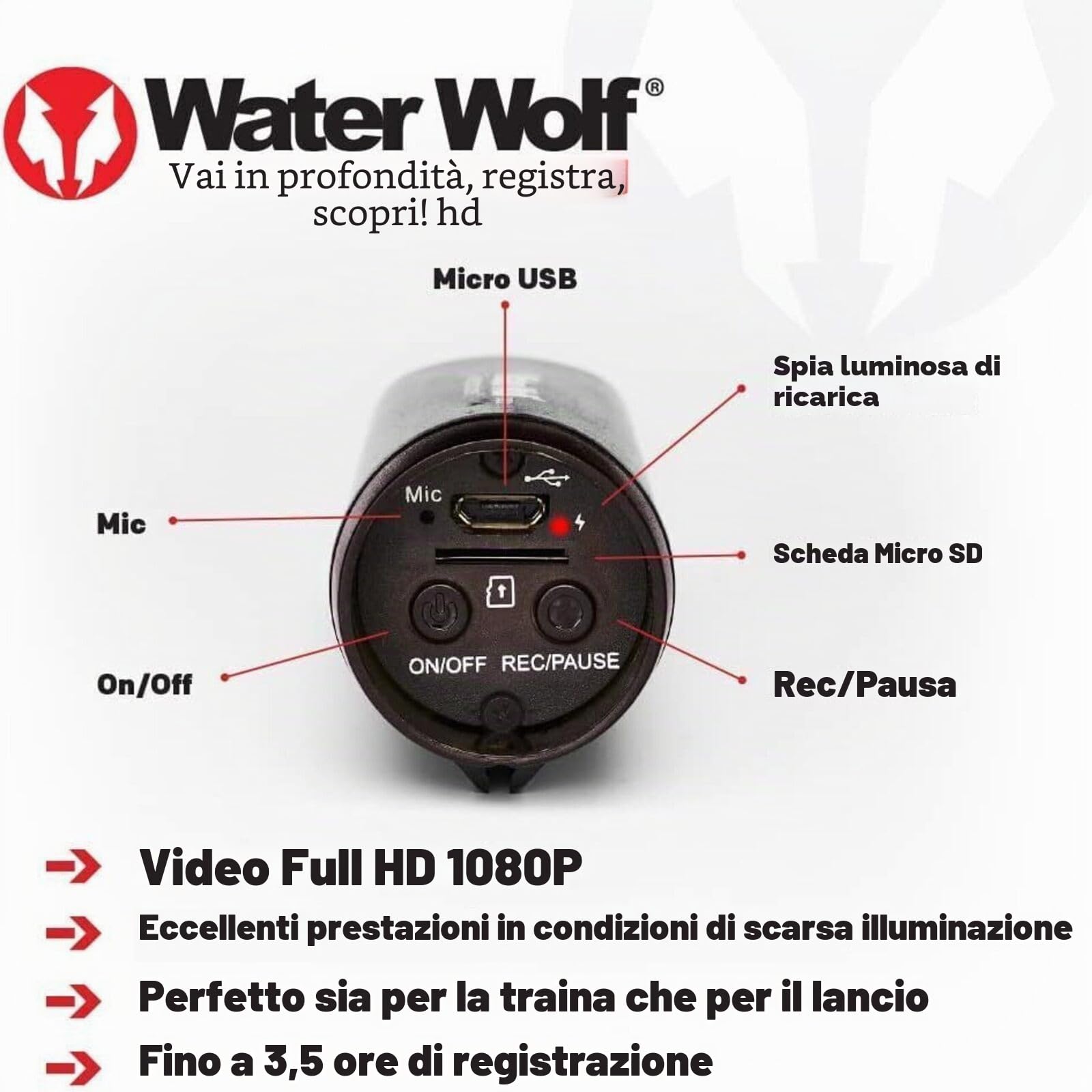 Water Wolf 2.0 Videocamera da pesca subacquea | Videoregistratore Full HD 1080p per il lancio e la traina | Action Cam impermeabile per pescatori d'acqua dolce e salata | Strike & Esca Cam