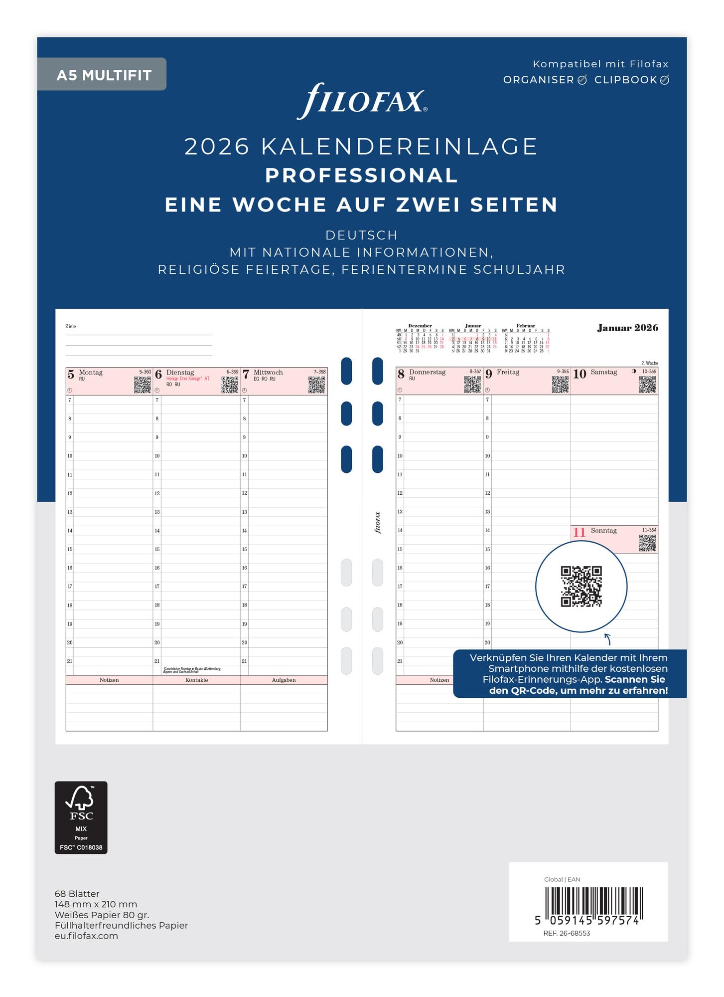 Filofax Calendar A5 Prof.1 Week on 2 Pages (German) 2026