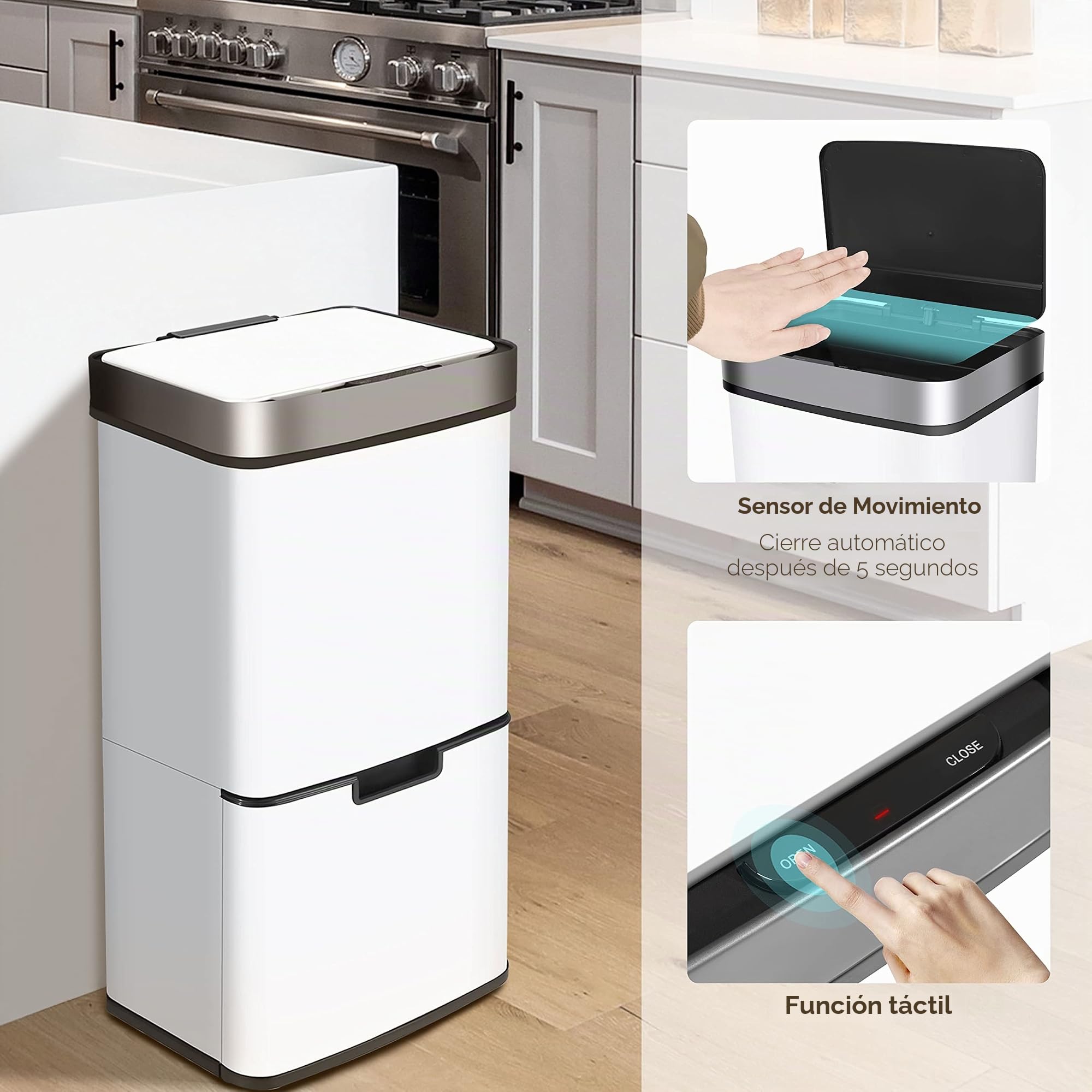 Ribelli Acero inoxidable – Sistemas de separación de basura con 3 + 1 compartimentos – Cubo de basura con sensor – 72 litros (2 x 12 + 1 x 48 L) – Cubo de basura de diseño de acero inoxidable – Blanco