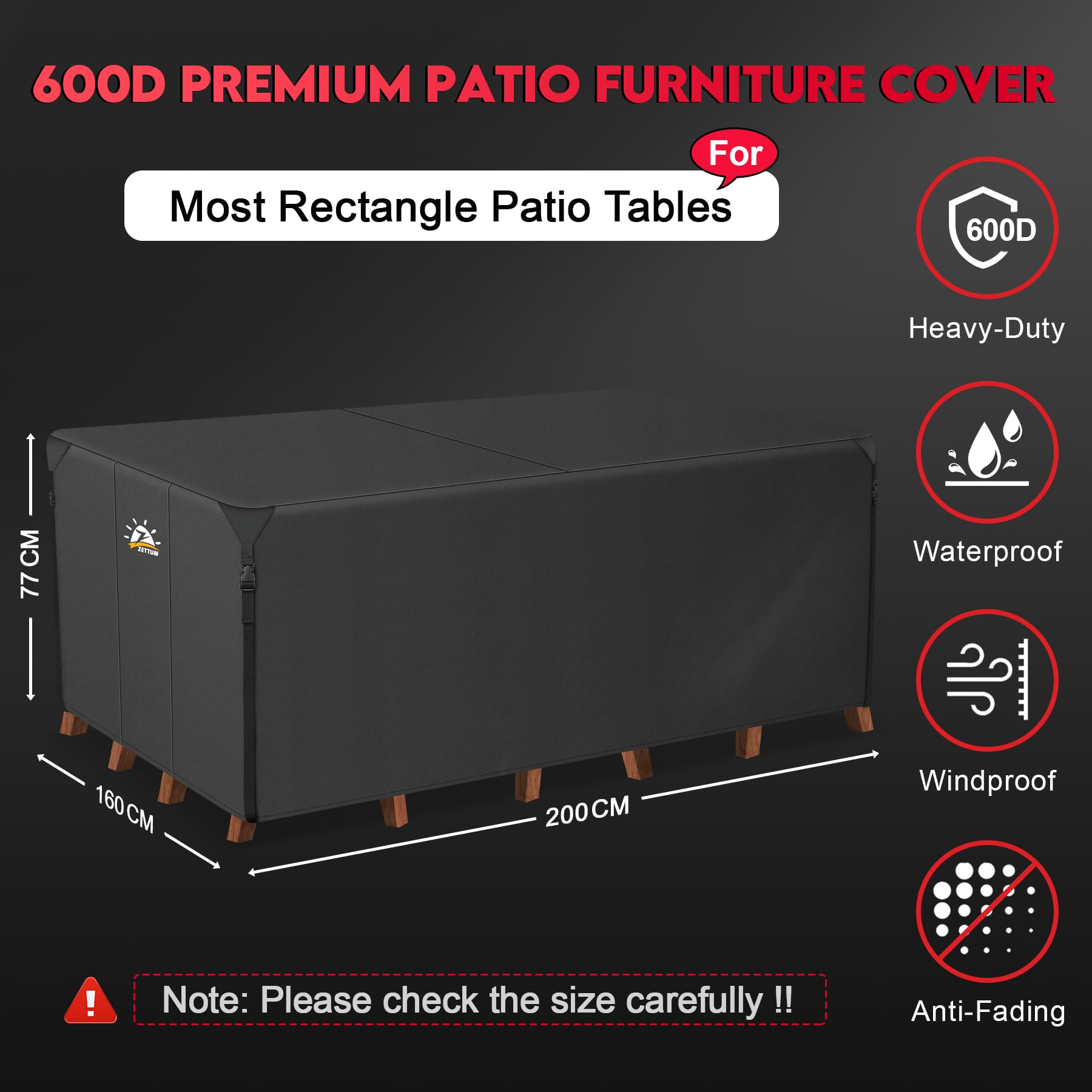 Zettum 200x160x77cm Garden Furniture Covers Rectangular 600D Heavy Duty Oxford Fabric Patio Furniture Cover for Garden Furniture Outside Table Set Durable Windproof Outdoor Table Covers Waterproof - Image 2
