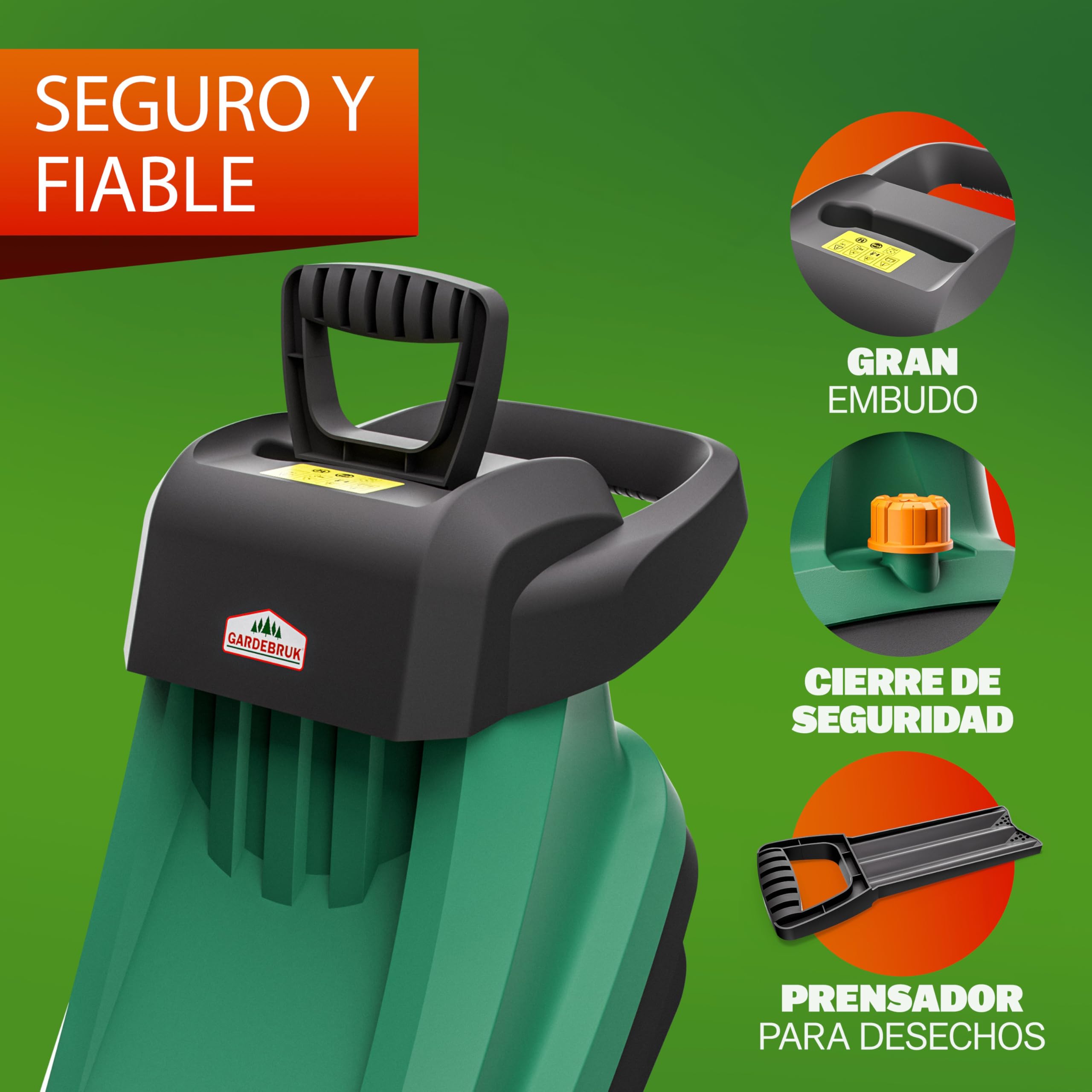GARDEBRUK® Trituradora de Ramas Ø45mm, Triturador Electrico Jardin, Corta Troncos Leña, 2400W, Bolsa de Recolección 50L, Cuchillas de Acero, Residuos