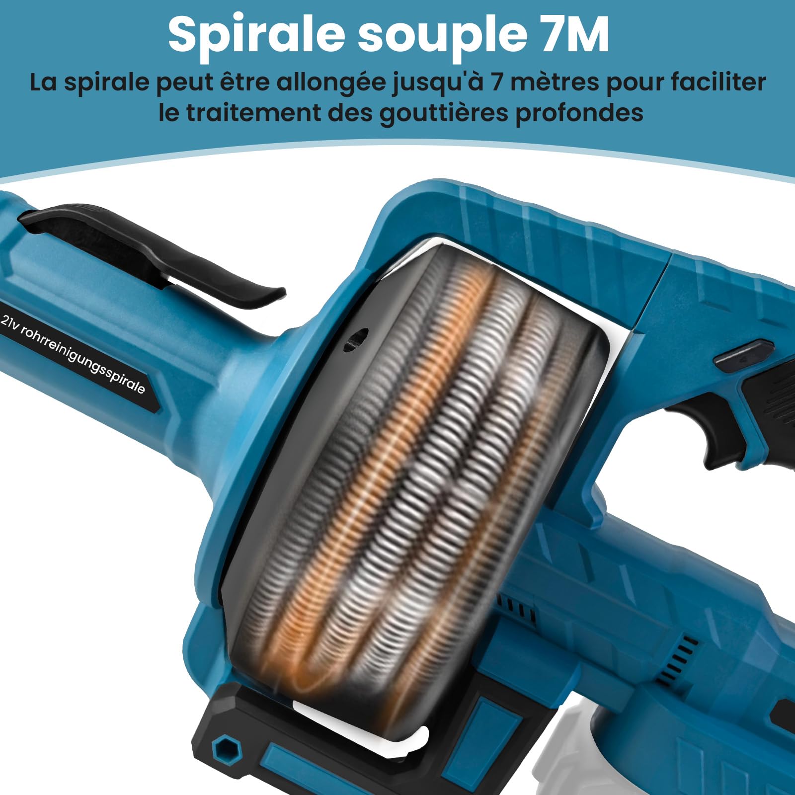 VKE Furet déboucheur de canalisation sans fil, kit nettoyage tuyaux 21V | Câble flexible 7m, adapté tuyaux 20–75mm, livré avec accessoires pour évacuations domestiques