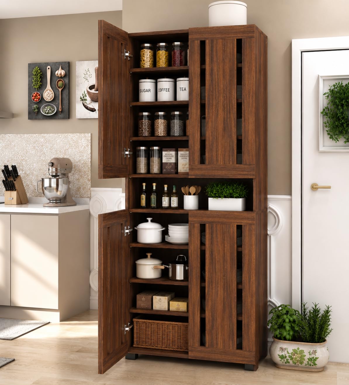 Axis Four Door Engineered Wooden Spacious Storage Kitchen Cabinet | Modern Space Maximixing Design | 6 Feet Tall Cabinet - Columbia Walnut-image-34