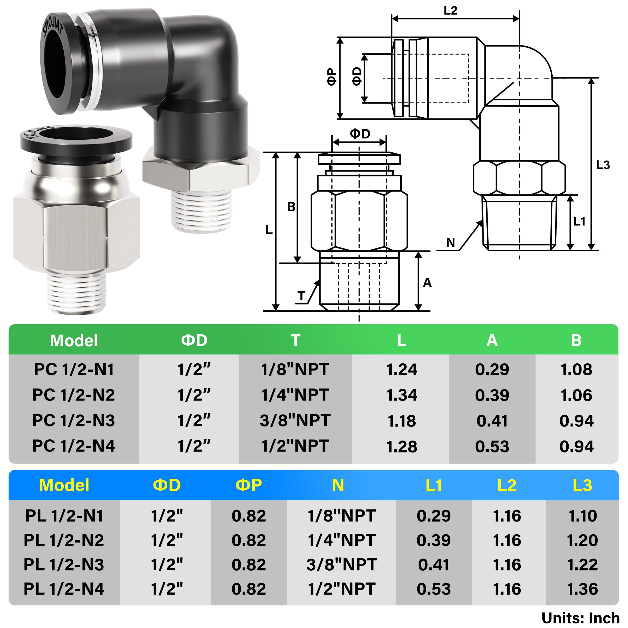 Tailonz - Codo neumático y combinación recta, tubo de 1/2 pulgadas OD x 1/4 pulgadas NPT rosca empuje para conectar accesorios PC-1/2-N2+PL-1/2-N2 (paquete de 12)