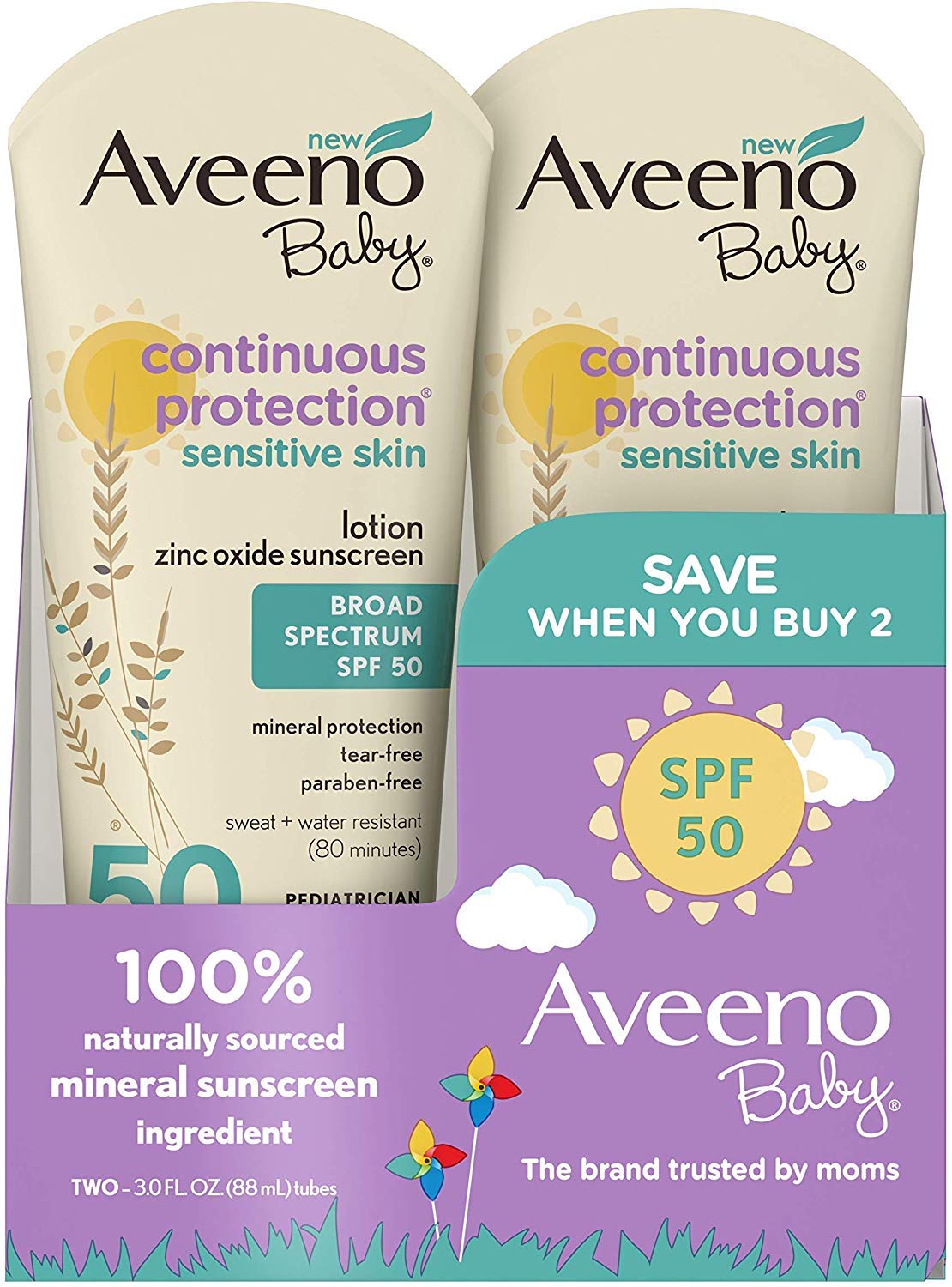 Aveeno Baby SPF#50 Continuous Protect Lotion Sensitive 3 Ounce (88ml) (Pack of 2)