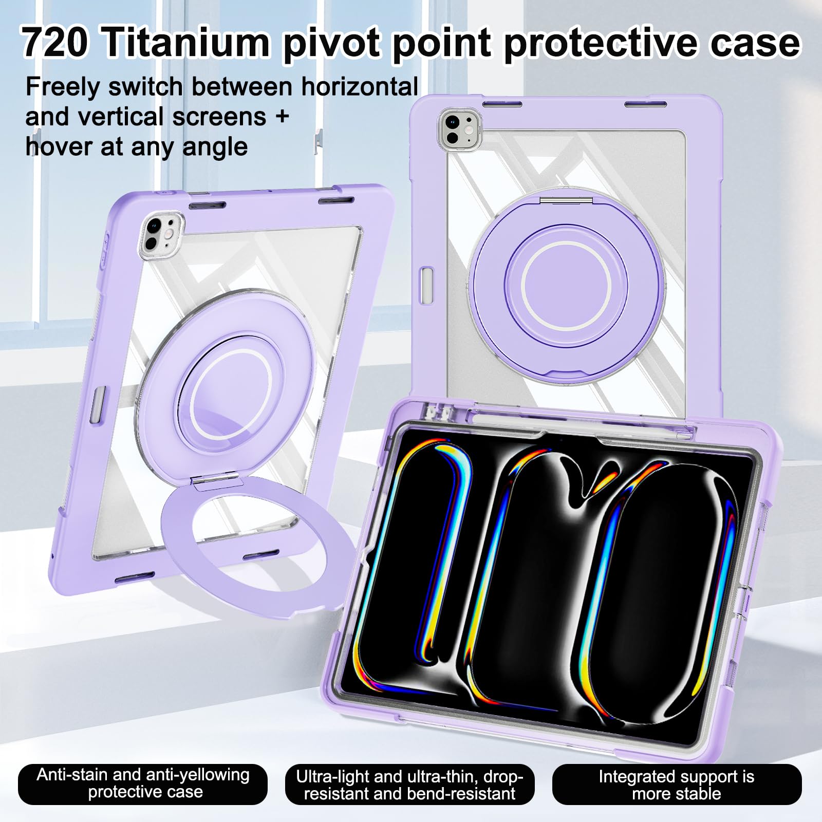 Custodia in silicone resistente per tablet iPad Pro 11" 2024, custodia antiurto Crystal Armor Series con portamatite, supporto girevole in titanio con anello grande da appendere