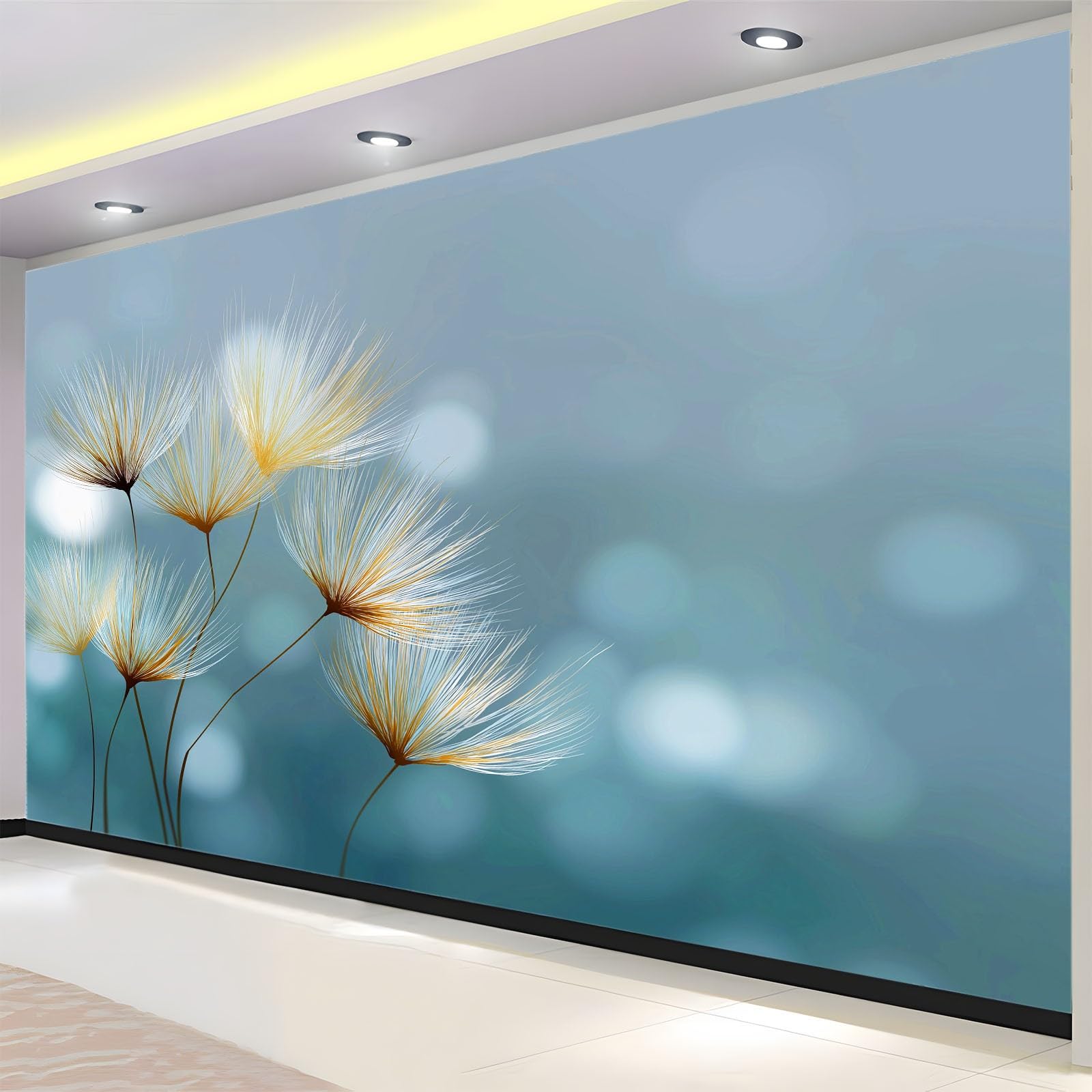 Generisch Tapeta panoramiczna 3D 350 x 256 cm (szer. x wys.), do salonu, sypialni, niebiesko-szara, odporna na promieniowanie UV tapeta z włókniny na ścianę – abstrakcyjne, ciepłe rośliny, mniszek
