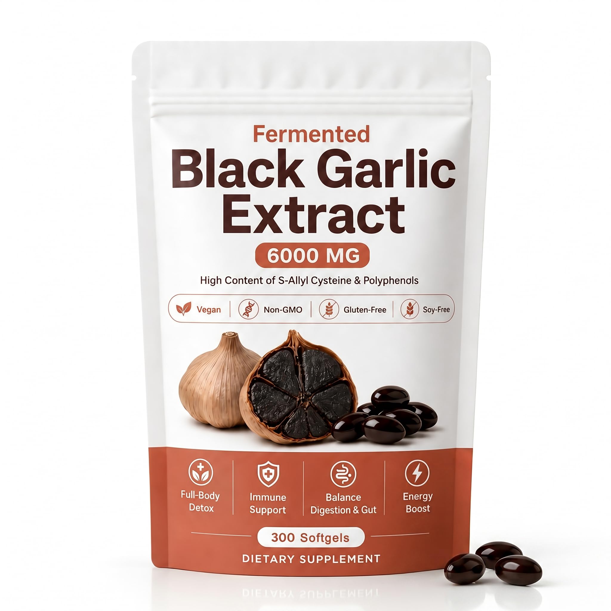 Fermented Black Garlic Extract, Natural Odorless Aged Garlic Supplements, 300 Softgels