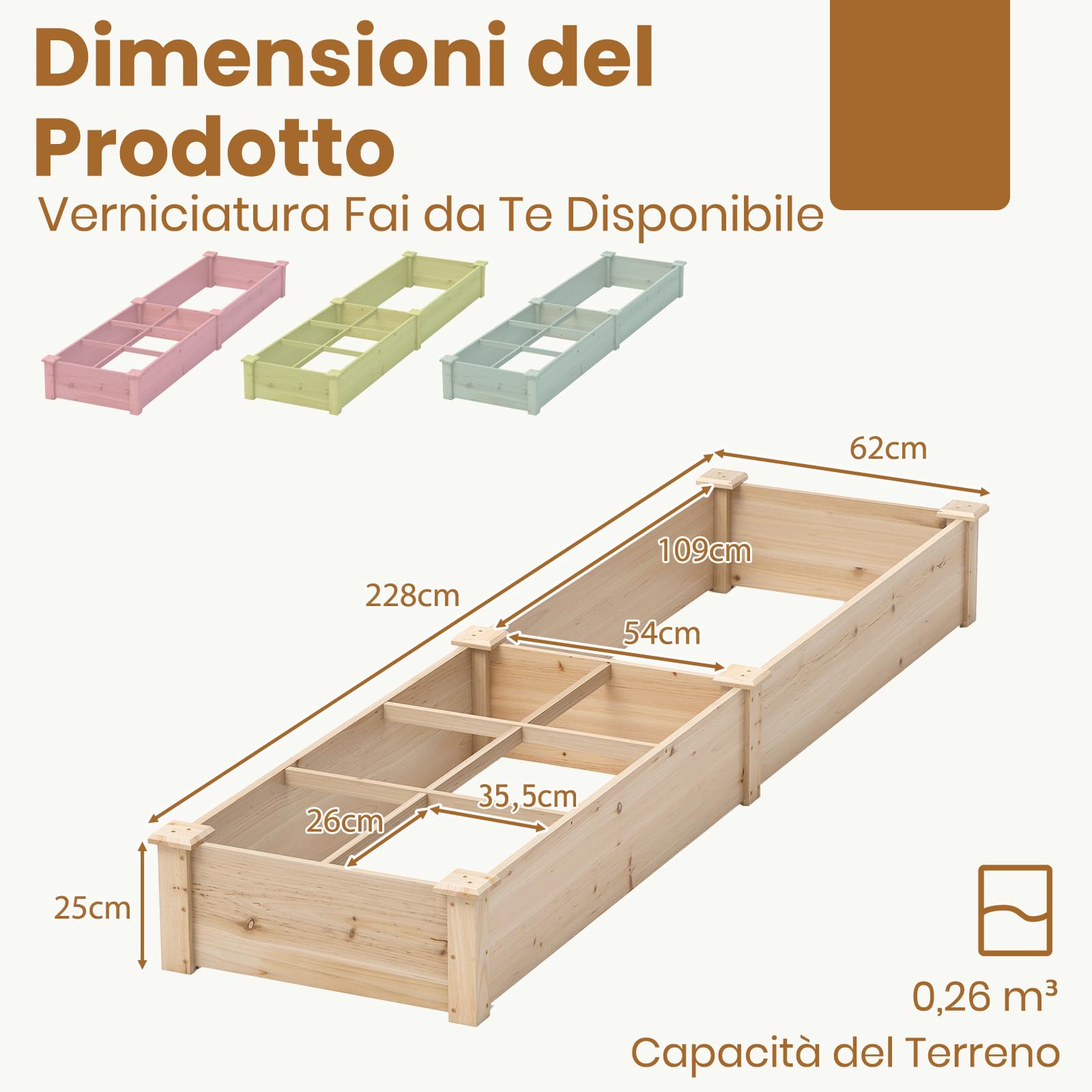 RELAX4LIFE Huerto Urbano Terraza 228x62x25cm de Madera de Abeto con 1 Compartimento Grande y 6 Pequeñas, Mesa de Cultivo con Divisores Extraíbles para Verduras, Frutas, Hierbas y Flores (Natural)