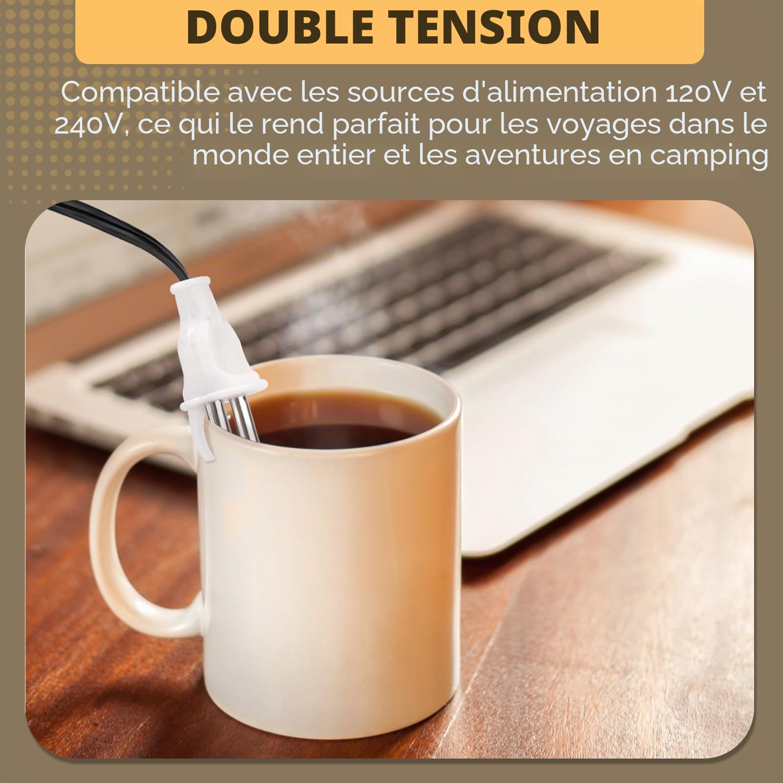 Accessoires de camping de voyage Chauffage à immersion à thé avec thermomètre LCD – Chauffe-eau portable à immersion 300 W double tension 120/240 V
