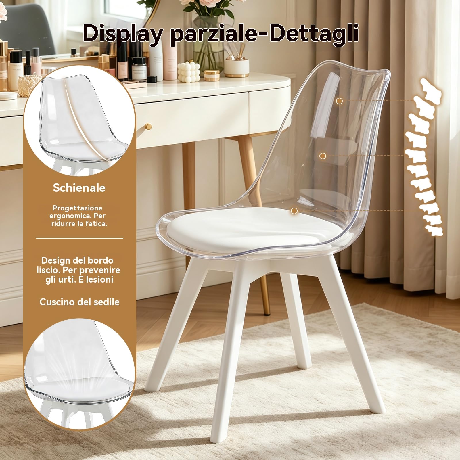 Set Da 2 Sedie Da Pranzo,Sedie Moderne Da Pranzo E Cucina Con Schienale Curvo,Sedie Decorative Imbottite(Bianco Trasparente)