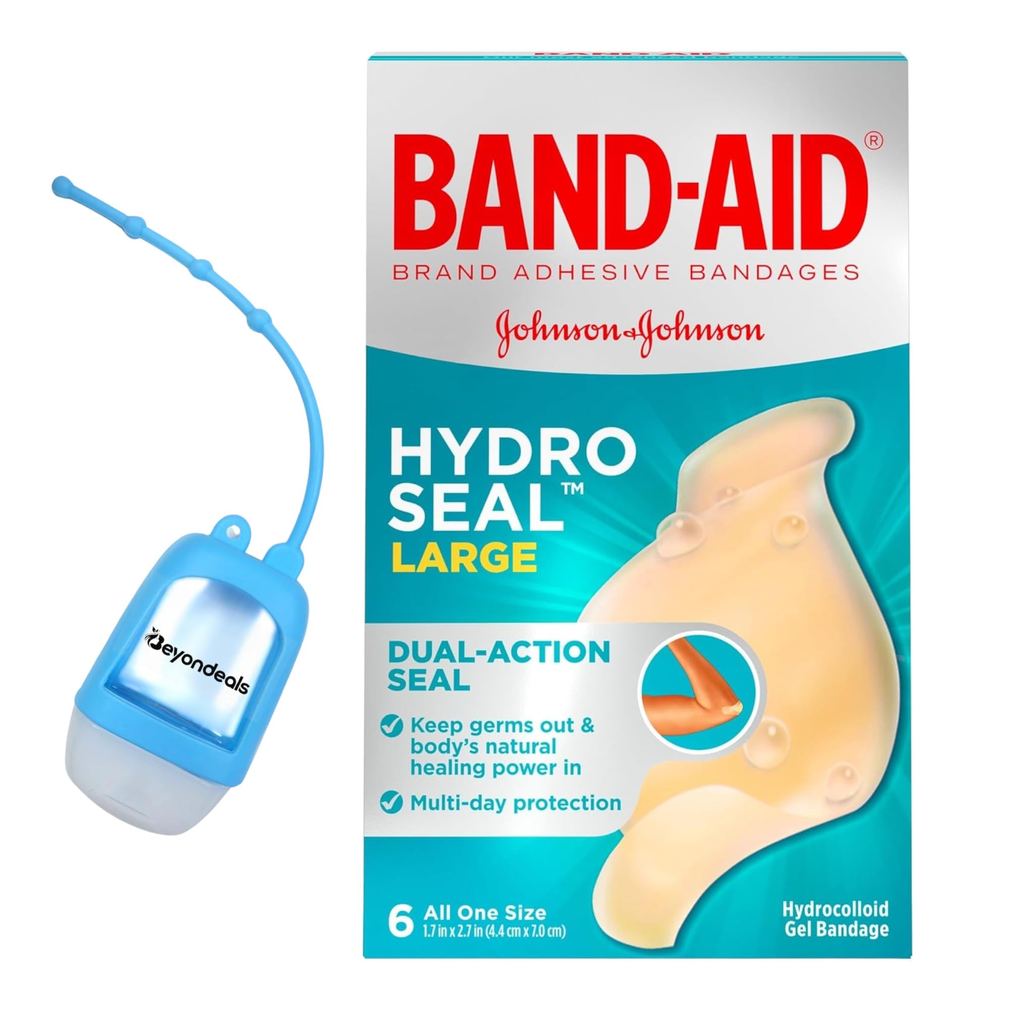 BeyondealsBandAids Hydro Seal Large Waterproof Adhesive Bandages, 1.7x2.7 Inch, Advanced Hydrocolloid Gel Pad, Dual-Action Seal, Multi-Day Use, Coverage for Wounds, Bundled with Hand Sanitizer Dispe