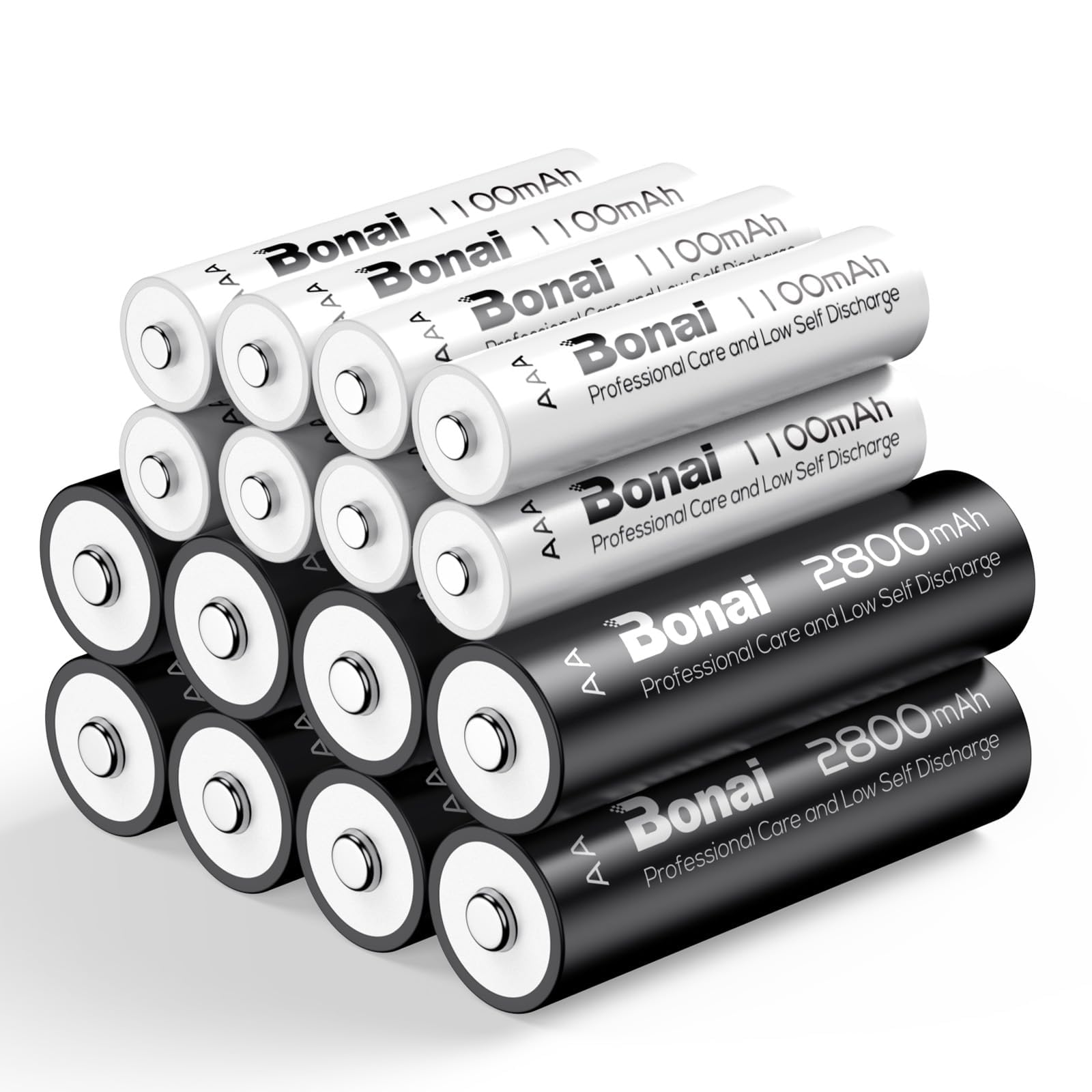 BONAI Kit Ricarica Completo, Caricabatterie Intelligente a 16 Slot con 16 Pile Ricaricabili Ni-MH (8 AA Stilo e 8 AAA Ministilo), Stazione di Indipendente per Telecomandi, Giocattoli e Dispositivi Dom