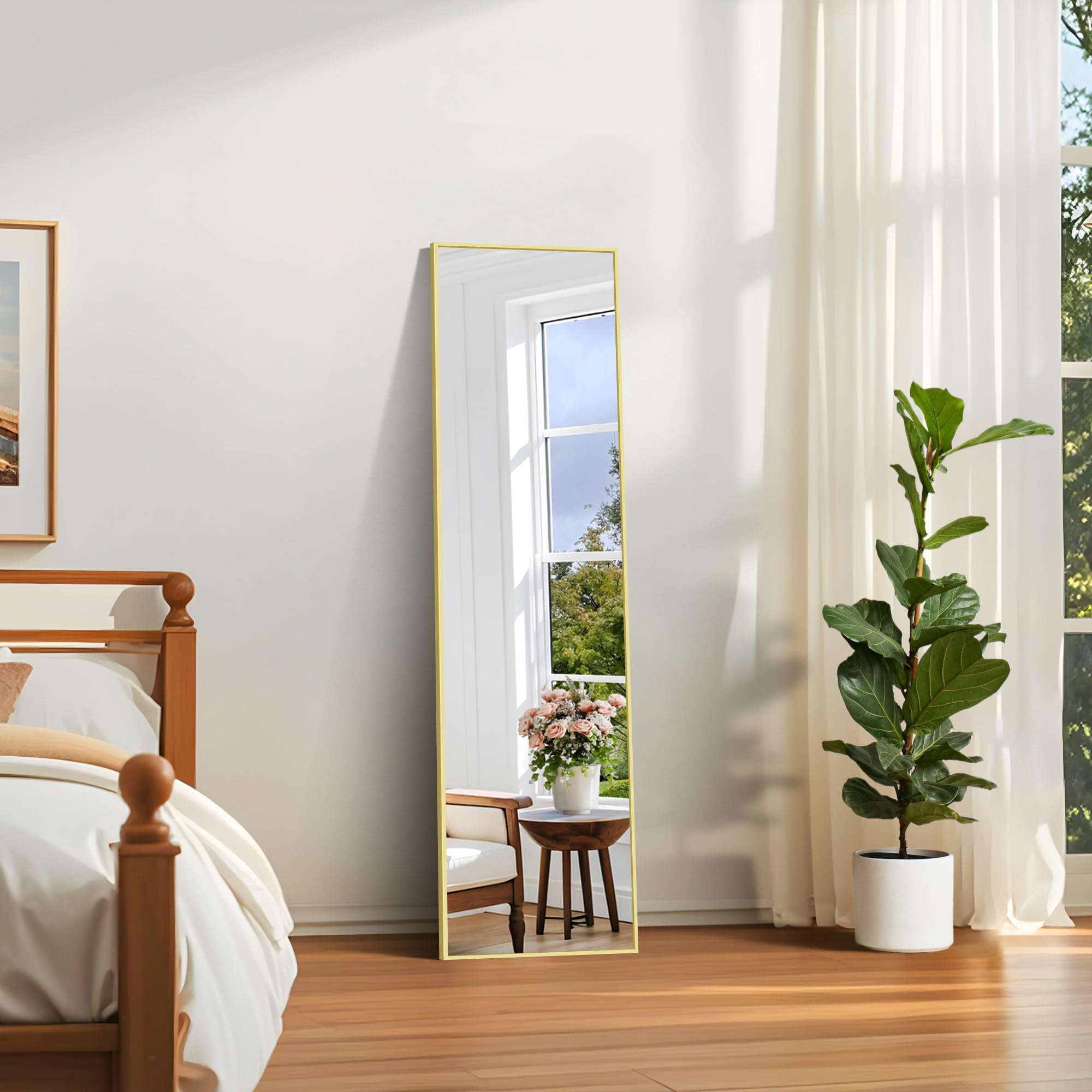 COFENY Specchio da Terra, 150 x 40 cm Specchio da Parete Grande con Cornice in Alluminio, Specchio da Terra da Appoggiare o Appendere per Soggiorno, Camera da letto, Soggiorno, Ingresso, Oro