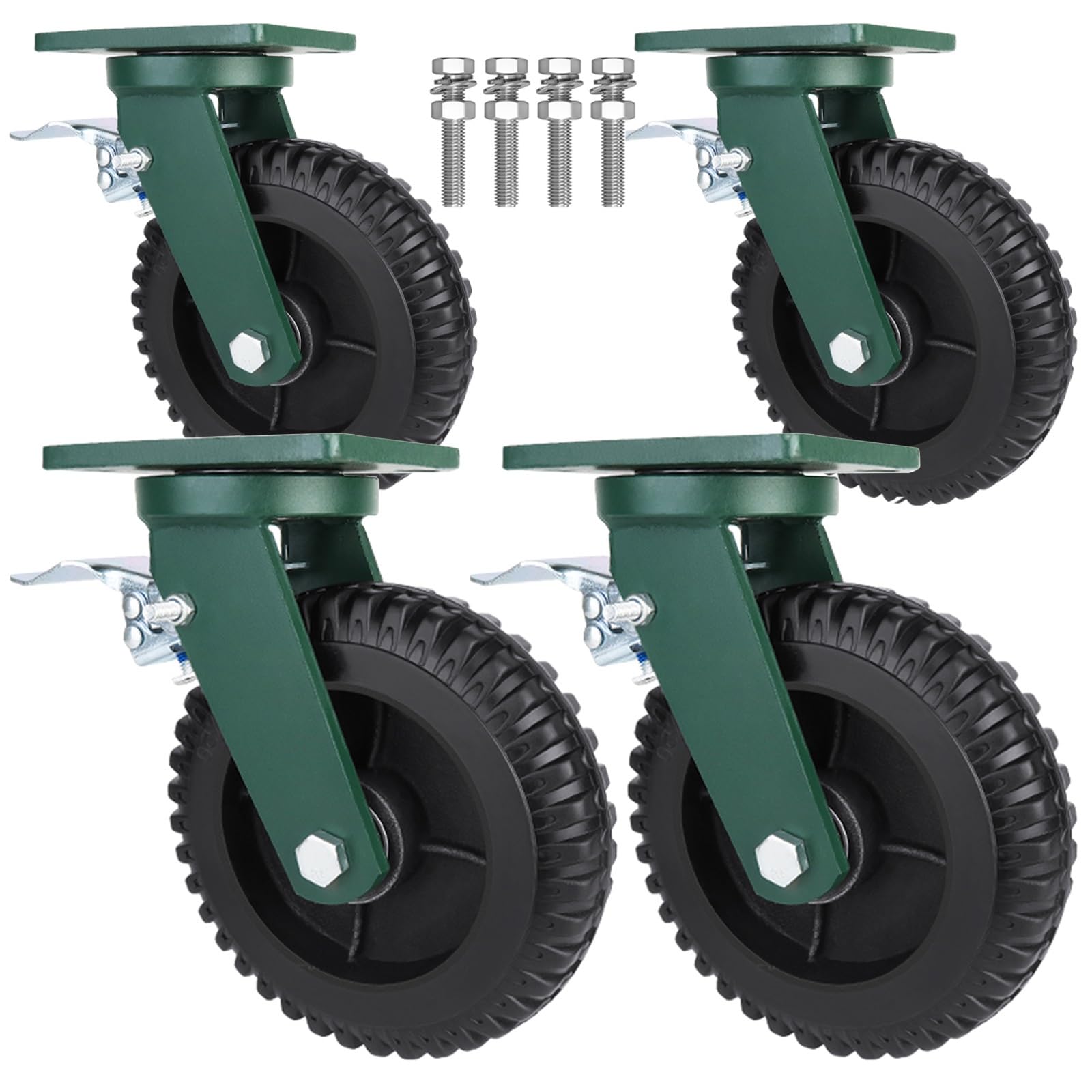 Schwerlastrollen 4 Stück Industrierollen 6 Zoll 8 Zoll Gummi Bockrolle, Lenkrolle Mit Bremse 2000kg Tragkraft Transportrolle, Mit Kegelrollenlager/Axialkugellager, Mit Schrauben