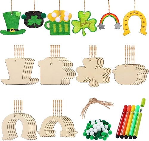Outus Juego de 125 adornos de madera sin terminar del día de San Patricio, 6 patrones surtidos, adornos de madera, adornos colgantes con pompones y