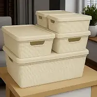 Caixa Organizadora com Tampa Kit 5 Peças Cesto Grande em Plástico 1,8 L 5 L 15 L - Rv-Ecommerce (Bege)