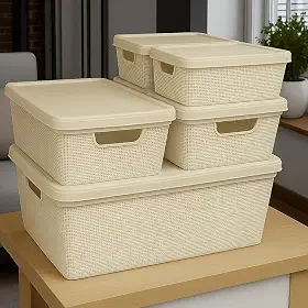 Caixa Organizadora com Tampa Kit 5 Peças Cesto Grande em Plástico 1,8 L 5 L 15 L - Rv-Ecommerce (Bege)