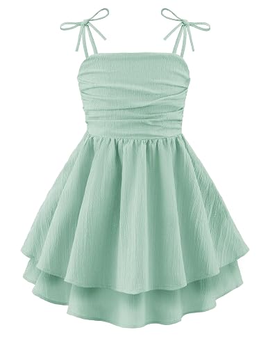 Arshiner Girls Summer Spaghetti Strap Dresses Flowy Tiered Ruched Smocked Back Casual Beach Midi Sundress - 9-10 Years - Green