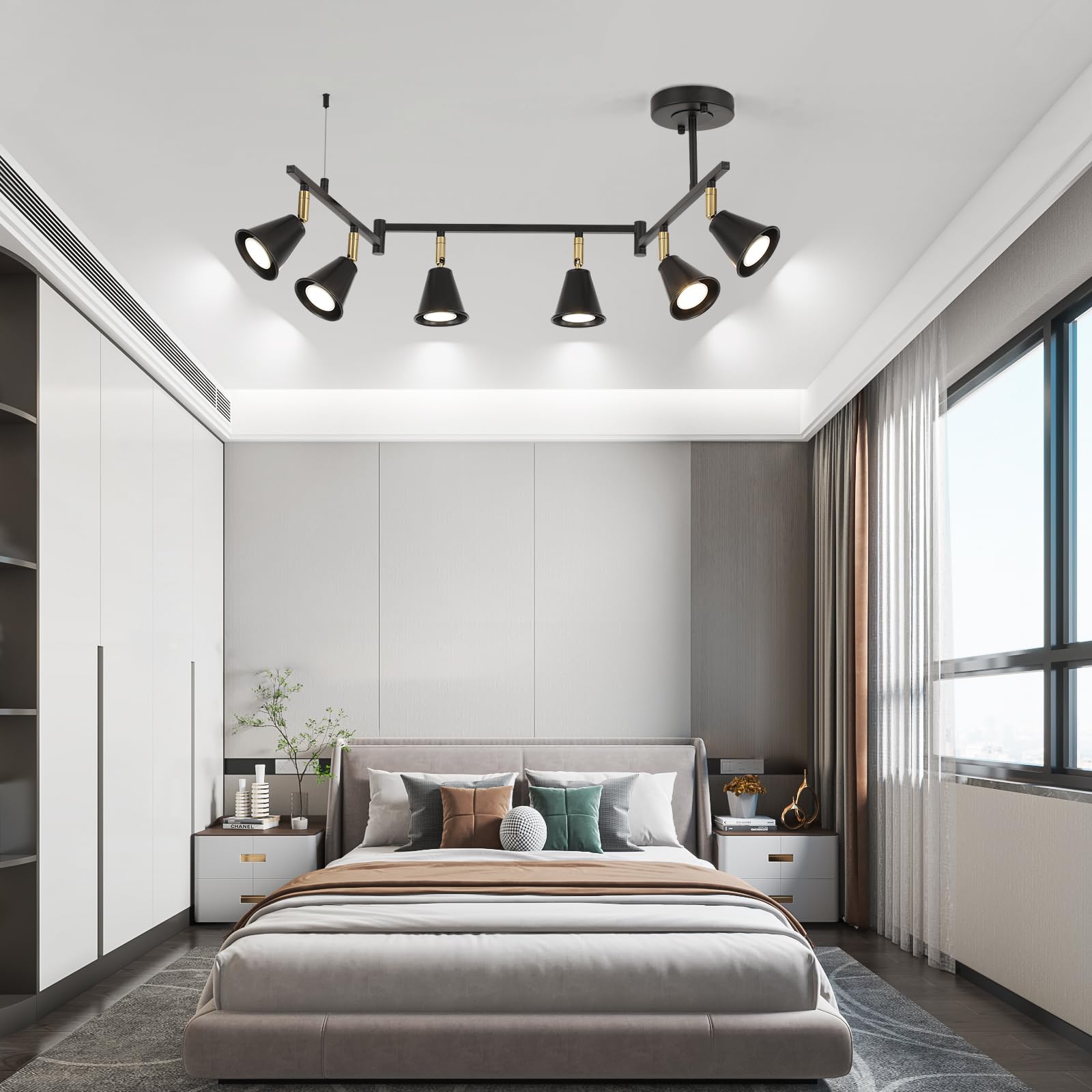 6-Light Modern Track Lighting Fixtures Ceiling, Flexible Foldable Arm and Rotatable Light Head,Black Kitchen Track Lighting for Kitchen Islands, Dining Rooms, Bars, Closets, Workbenches.