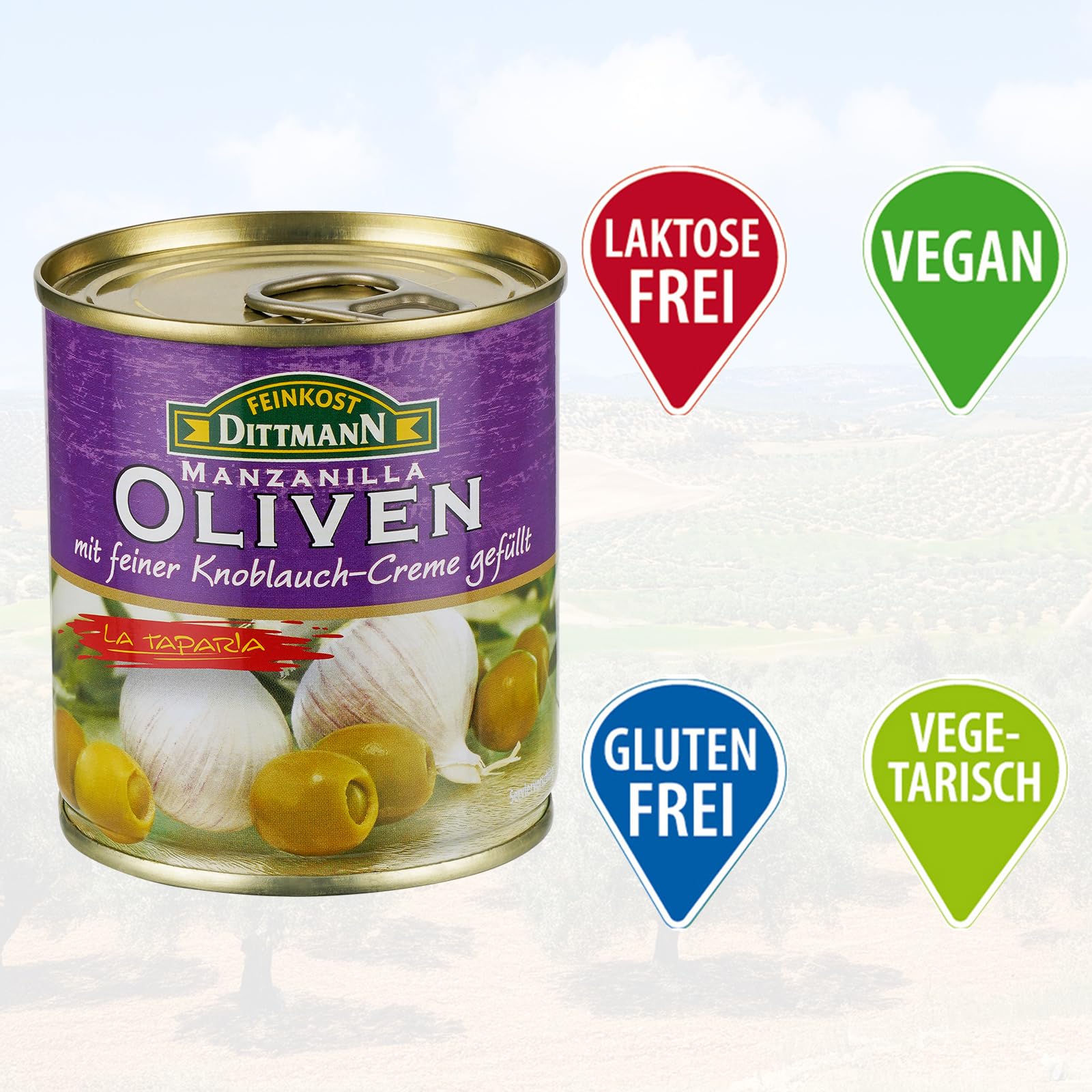 Feinkost Dittmann Manzanilla-Oliven grün gefüllt mit Knoblauchcreme 85g – 10er Big Pack | Premium Oliven für Tapas, Salate, Antipasti & kalte Platten – aromatisch & verzehrfertig