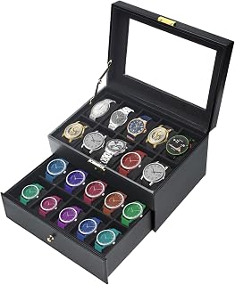 Novelbee 20 Slots Watch Boxes Watch Cases Jewelry Organizer with Drawer,2 Layers Watch Display Case Jewelry Storage for Men and Women Watch Jewelry Holder Boxes (Black)
