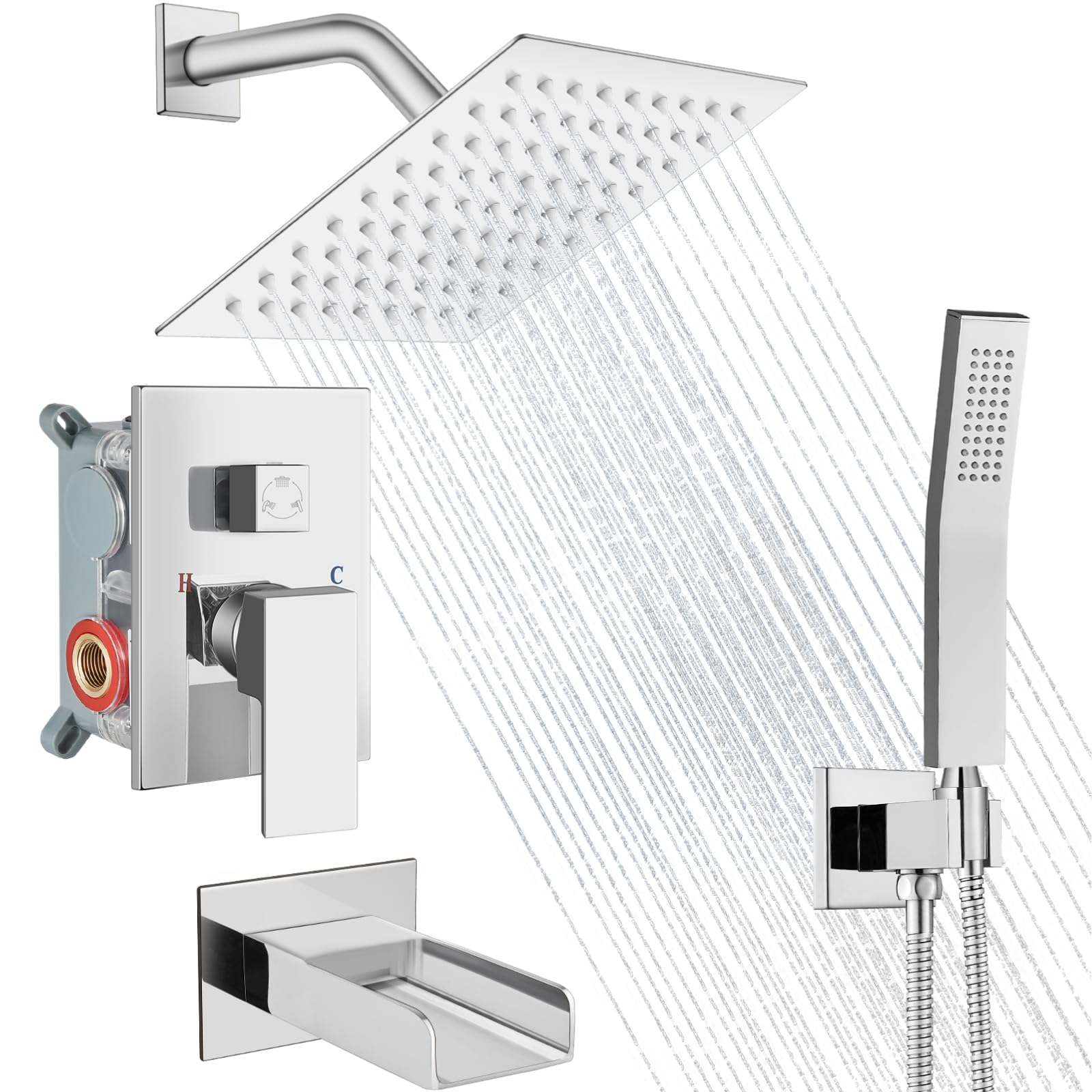 Hcfyauis Polish Chrome Rain Shower System Tub Shower Faucet Set Square Rainfall Waterfall Shower Head With Handheld Sprayer Tub Spout Combo Wall Mounted Bathtub Faucet Set Rough-In Valve, 8 Inch