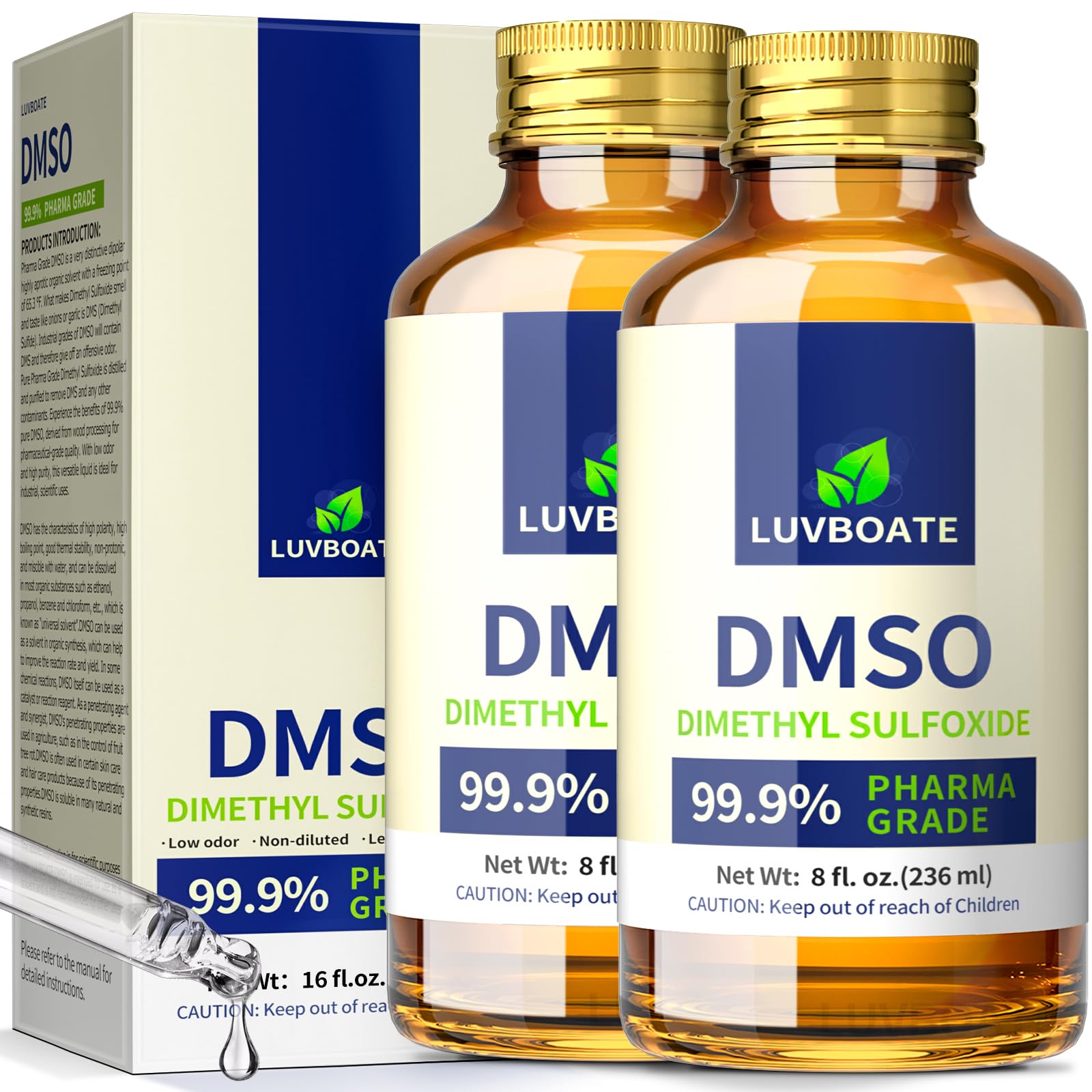 DMSO 99.9% Pharma Grade, Pure Liquid Dimethyl Sulfoxide 16 fl.oz in Glass Bottle with Dropper, Non-Diluted, Low Odor