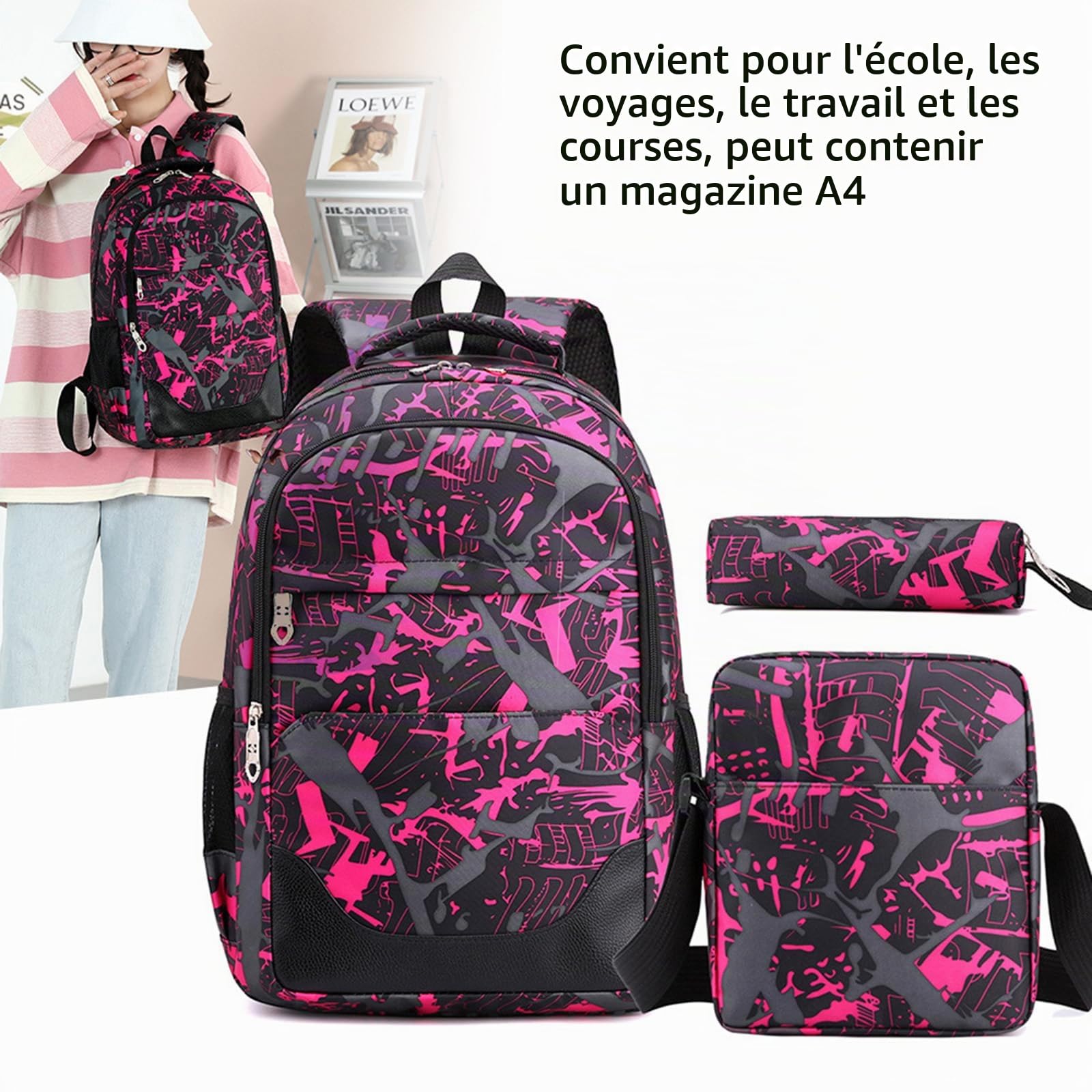 Générique Camouflage École Primaire Noir Sac à Dos Bandoulière Garçons École de Campus Cartables Bleu pour Filles Ado Filles Sac d'école Primaire avec Trousse et Sac Bandoulière