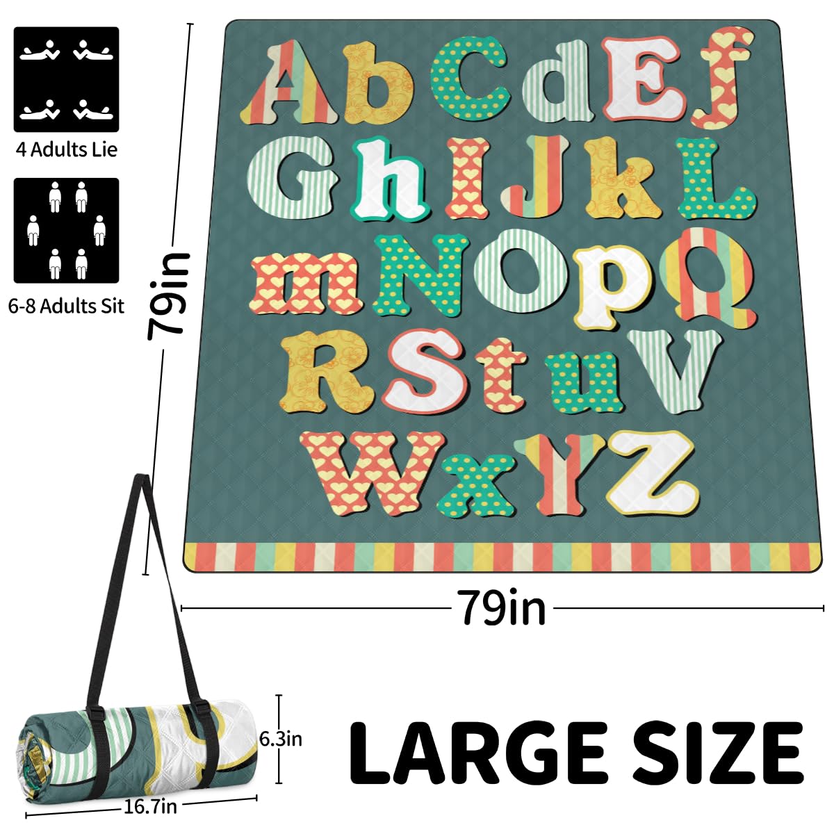 Shimoshe Extra Large Picnic Blankets 79”x 79”, Colorful English Letters Alphabet Waterproof Foldable Picnic Mat with Straps Portable Beach Blanket for Camping Park Grass Beach Indoor